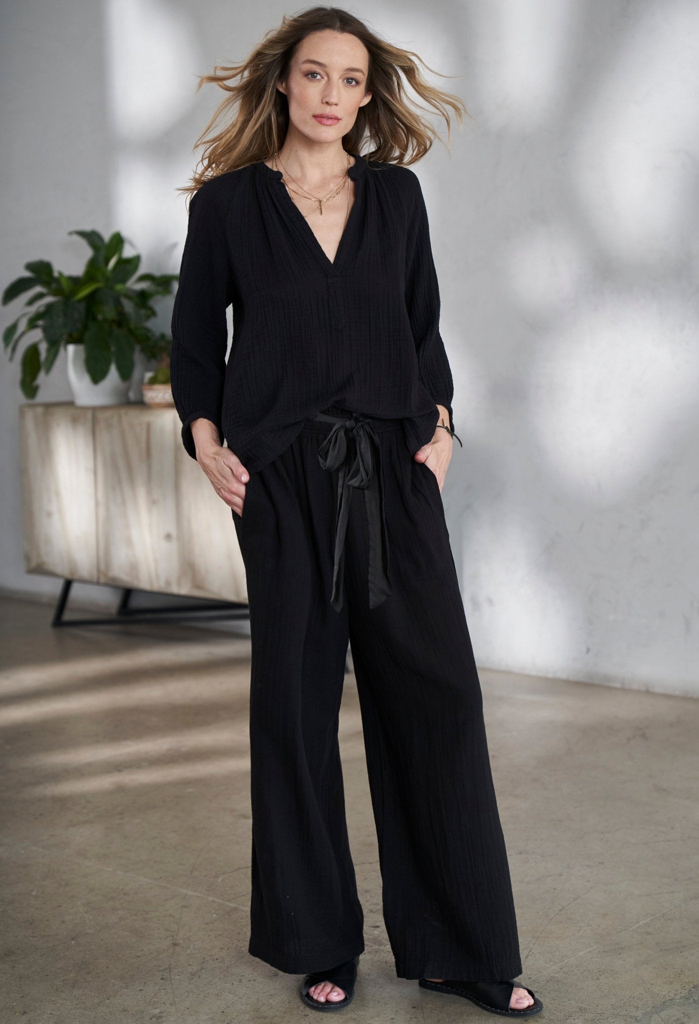 Black Gauze Palazzo Pant WITH Satin Tie Belt - ocean+main