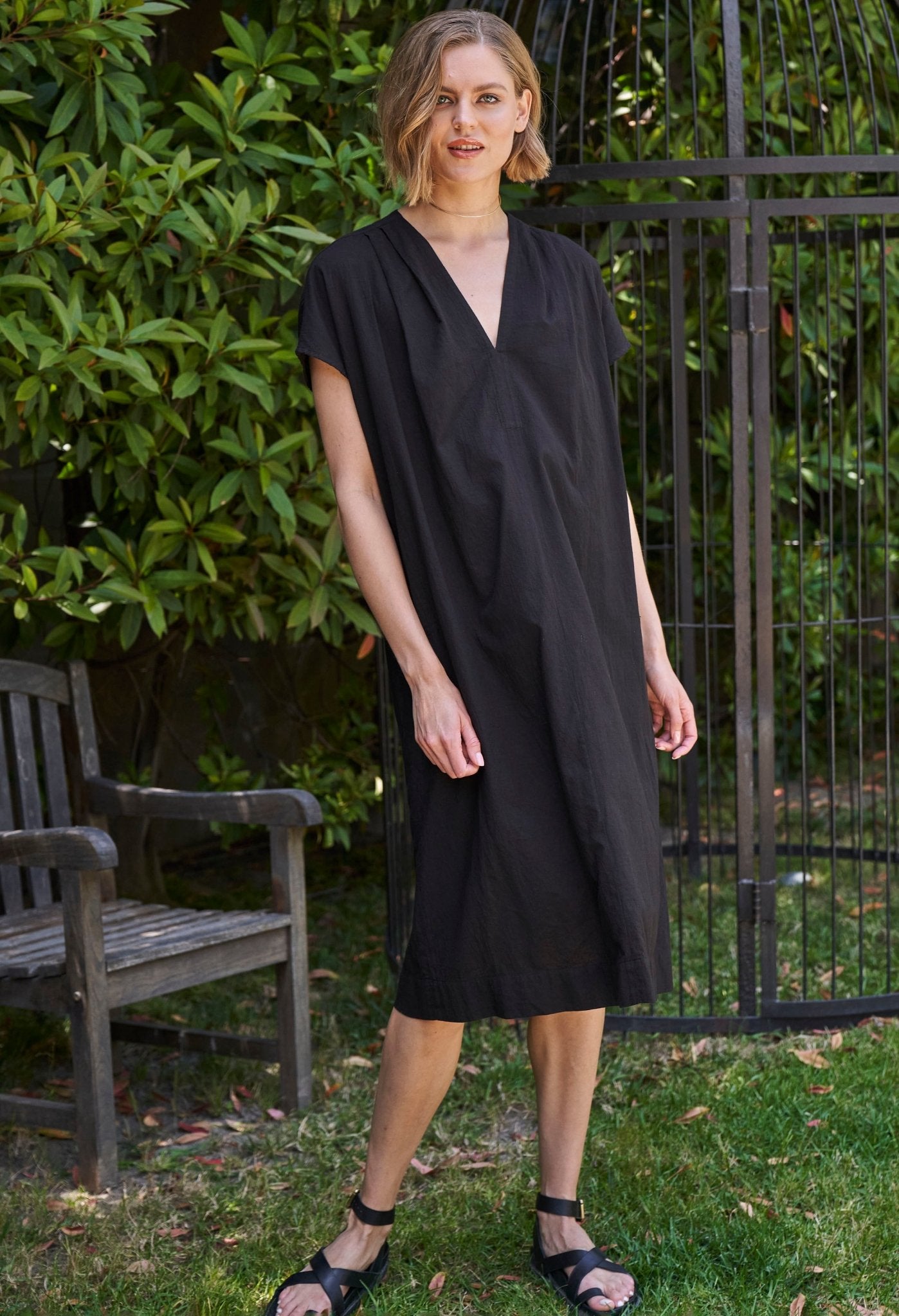 Black Short Cap Sleeve Cotton Belted Dress - ocean+main