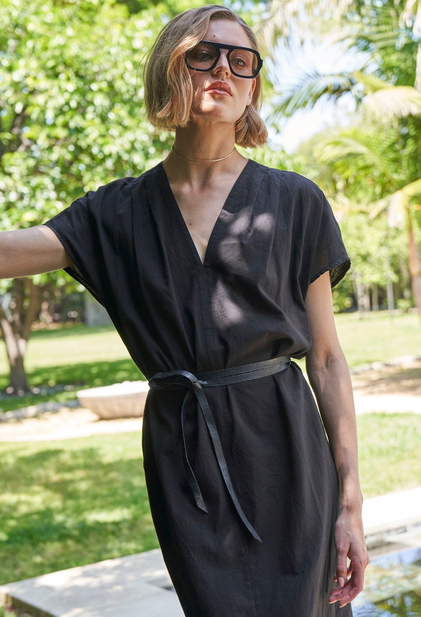 Black Short Cap Sleeve Cotton Belted Dress - ocean+main