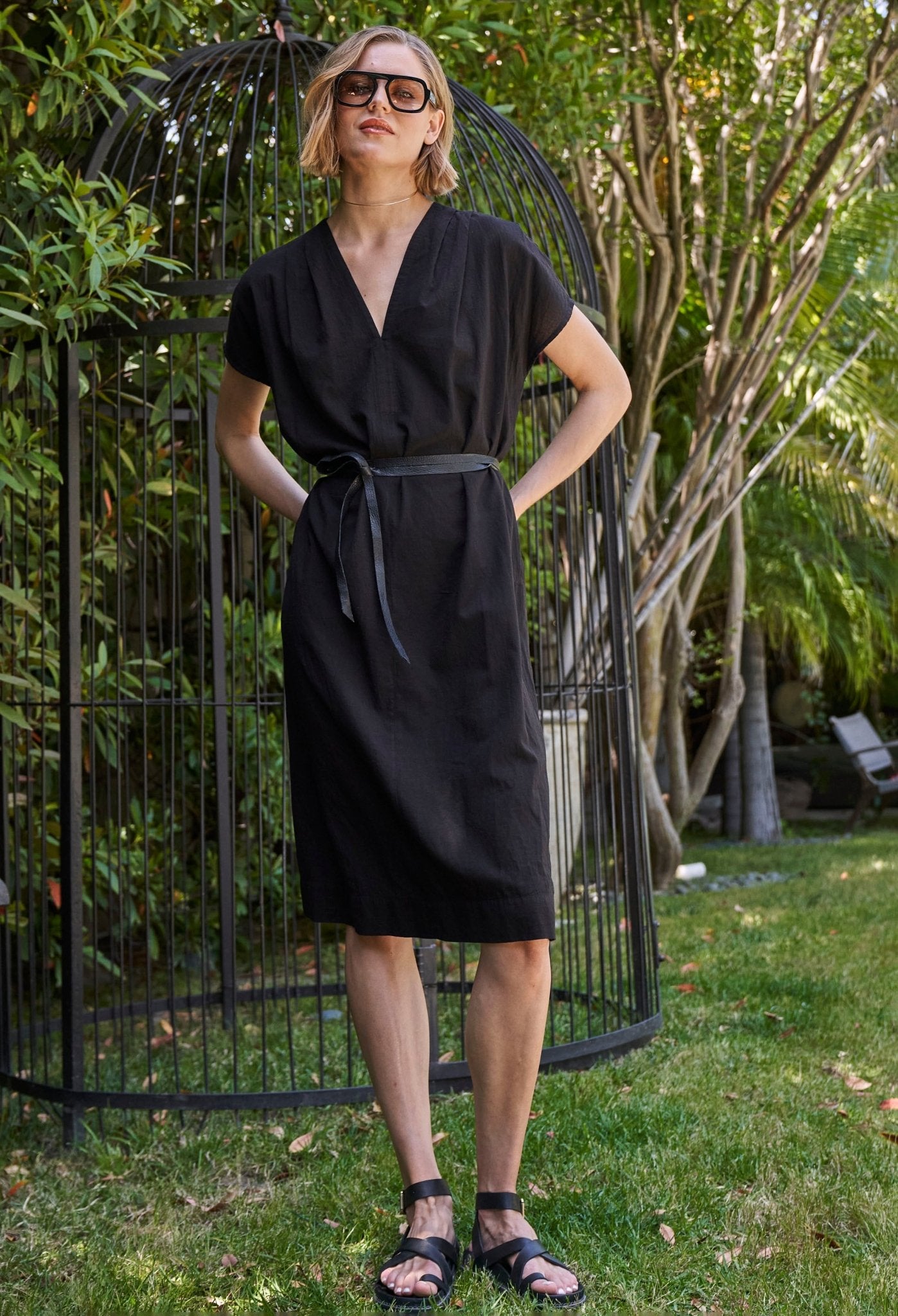 Black Short Cap Sleeve Cotton Belted Dress - ocean+main