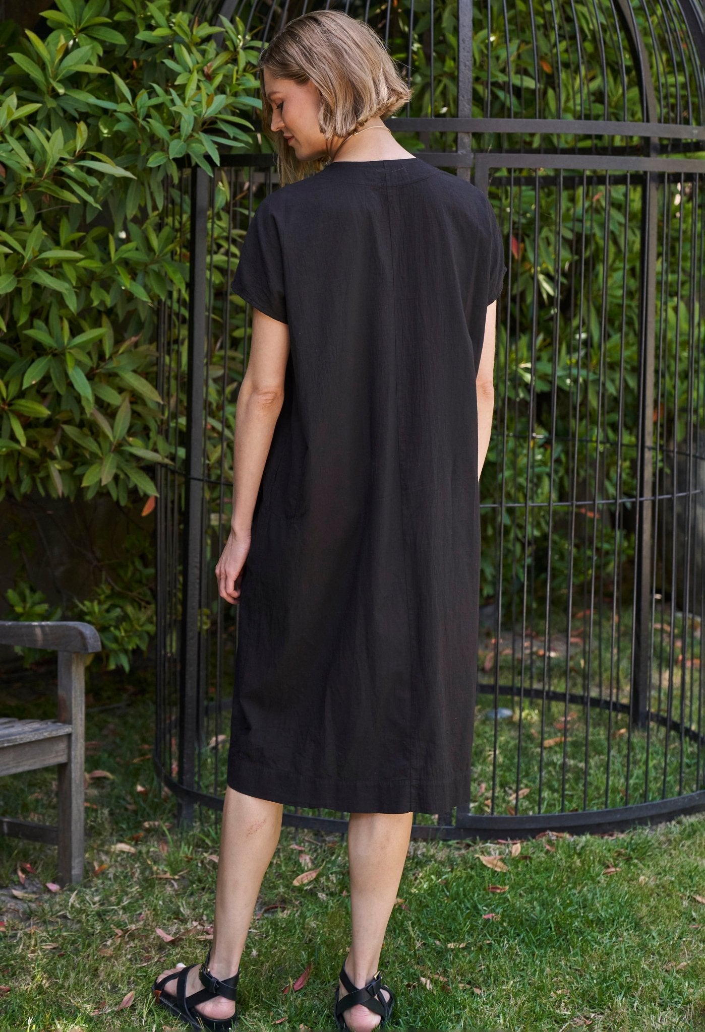 Black Short Cap Sleeve Cotton Belted Dress - ocean+main