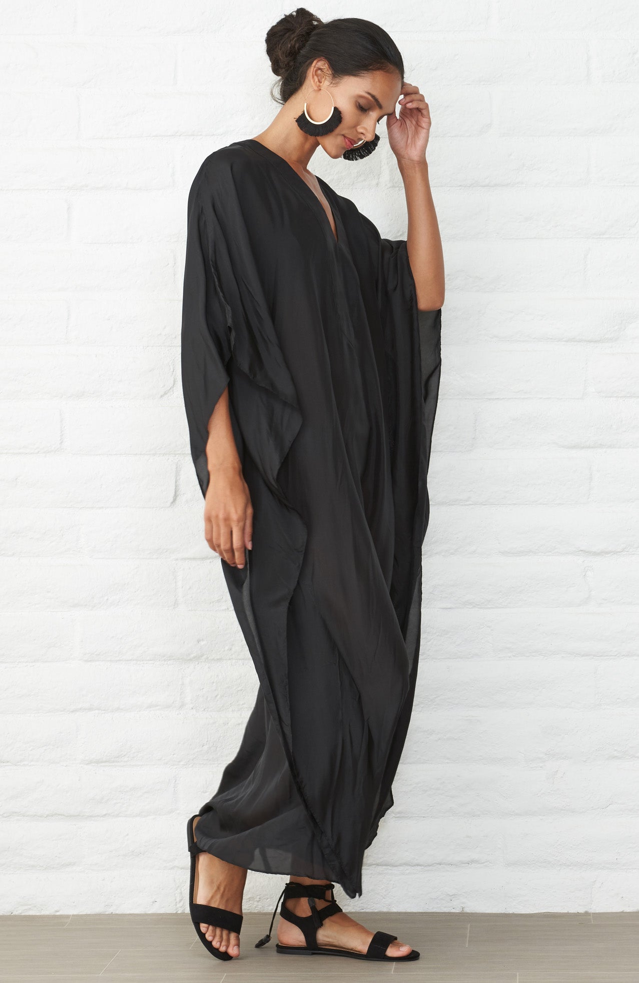 Black Silk V-Neck Placket Long Caftan - ocean+main