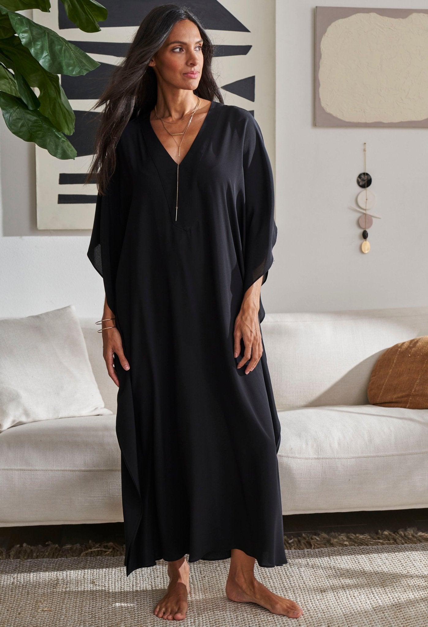 Black Silk V-Neck Placket Long Caftan - ocean+main