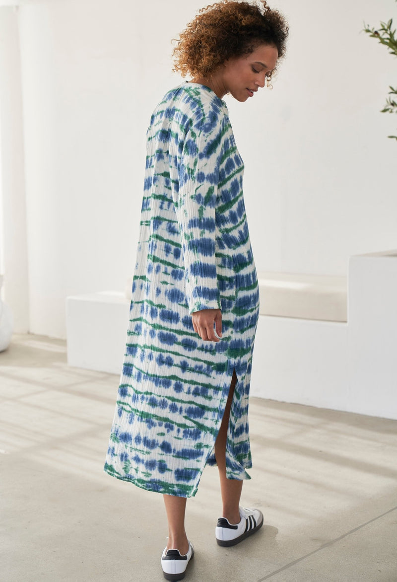 Blue Green Cotton Gauze Long Tunic Women's Belted Dress ocean+main