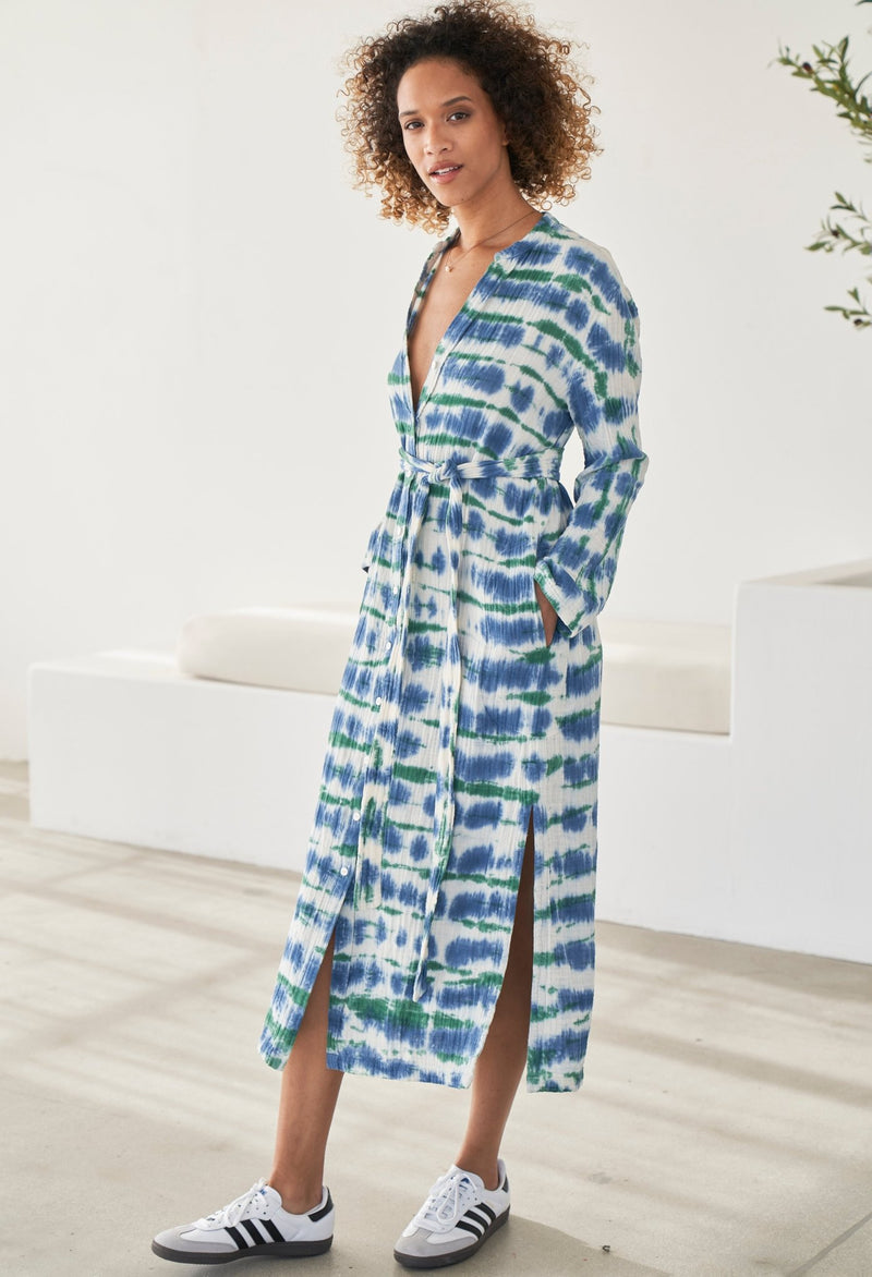 Blue Green Cotton Gauze Long Tunic Women's Belted Dress ocean+main