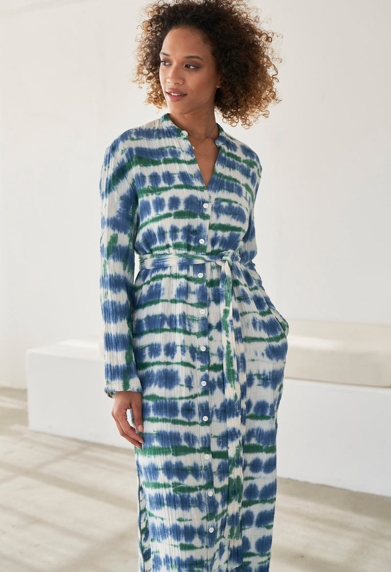 Blue Green Cotton Gauze Long Tunic Women's Belted Dress ocean+main