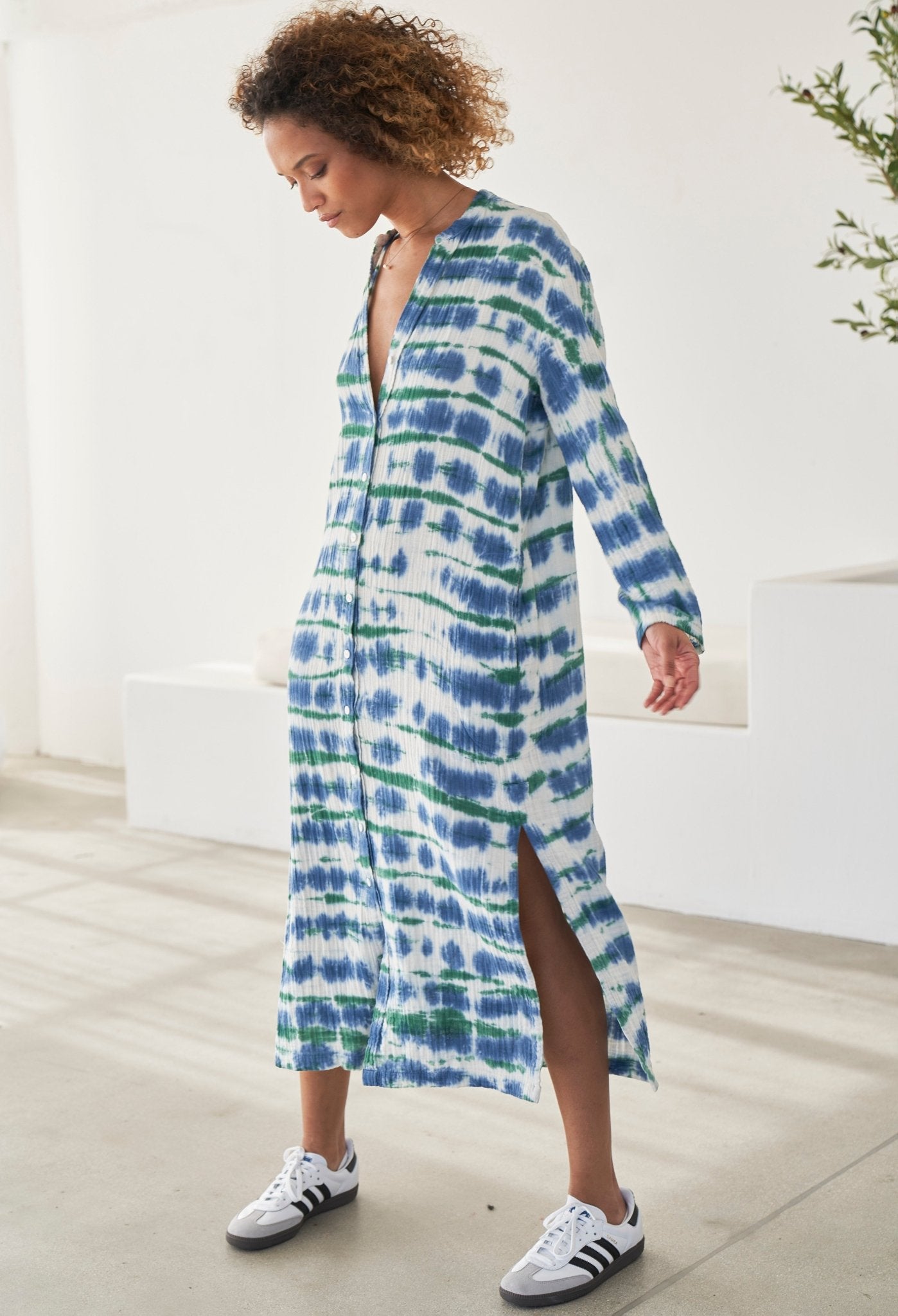 Blue and Green Button Front Belted Cotton Gauze Tunic Dress - ocean+main