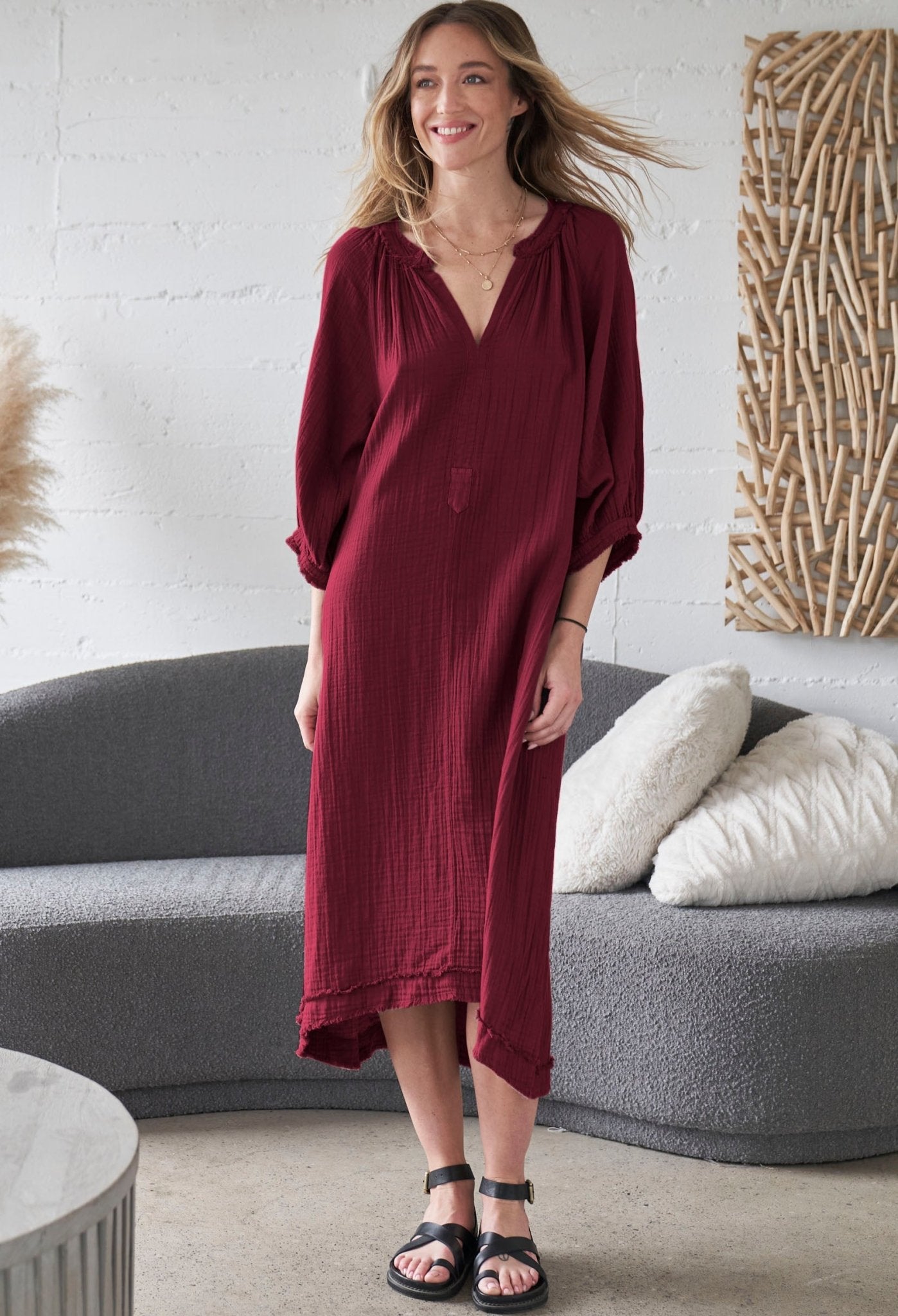Burgundy Gauze Dress with Pockets – Eco-Friendly Cotton