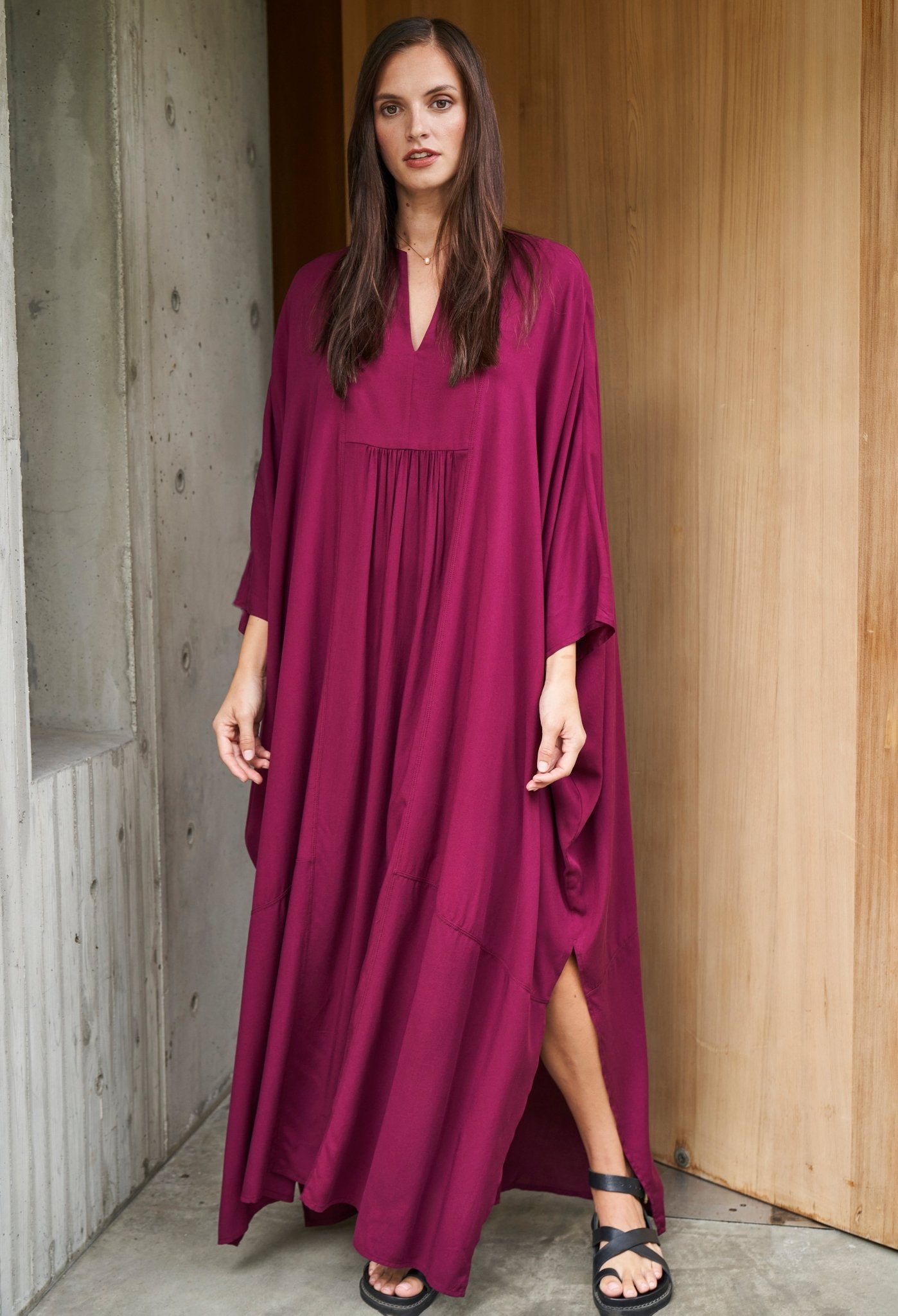 Burgundy Laurel Bib Front Caftan - ocean+main