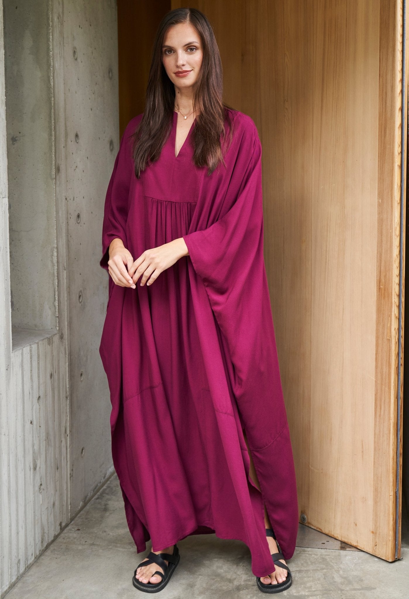 Burgundy Laurel Bib Front Caftan - ocean+main