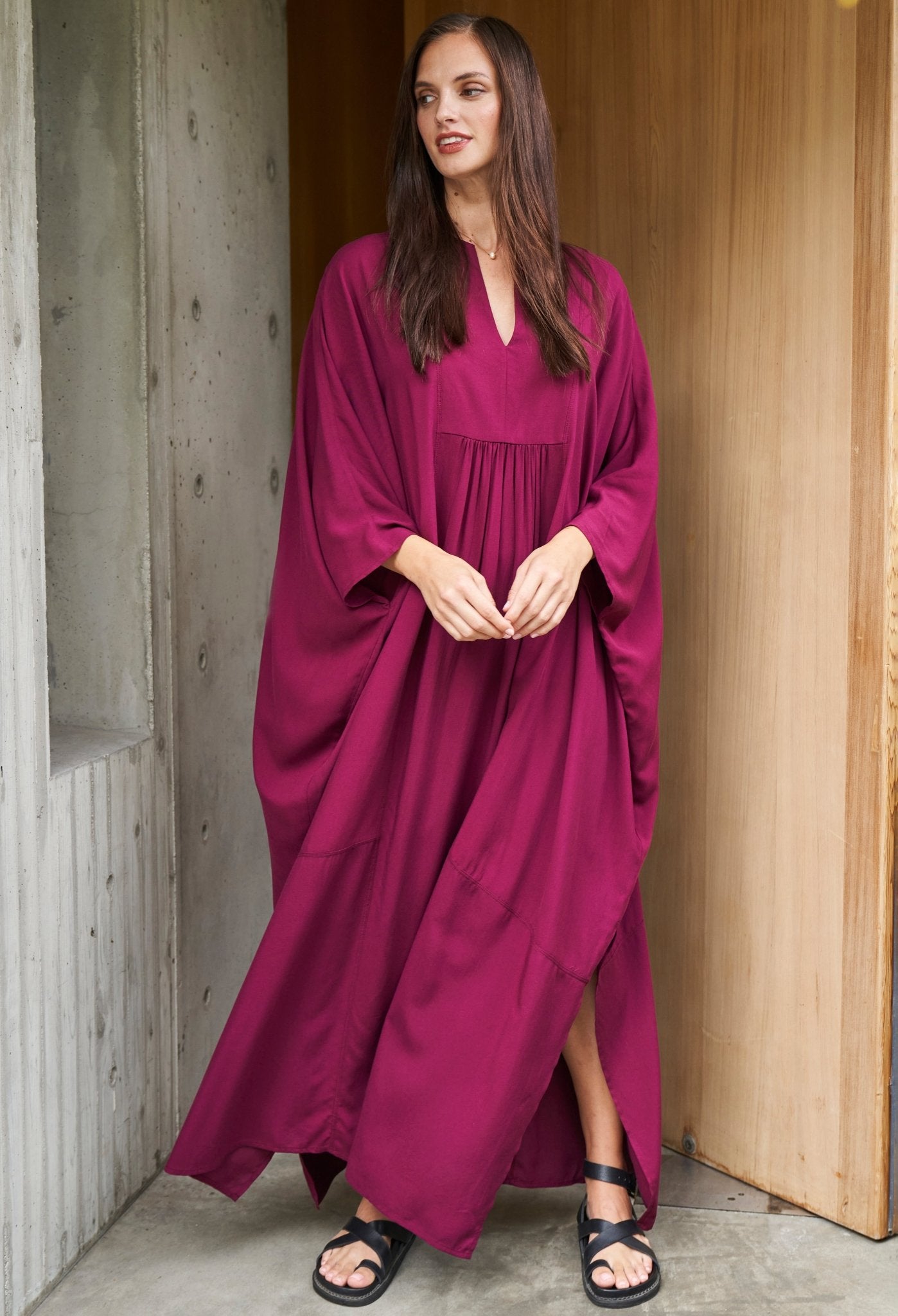 Burgundy Laurel Bib Front Caftan - ocean+main