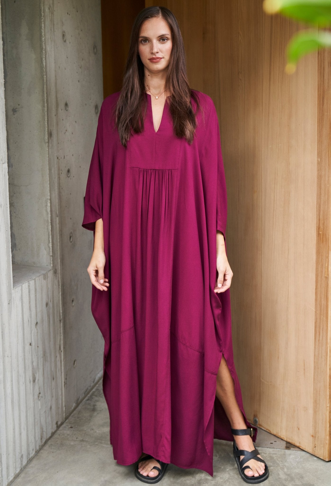 Burgundy Laurel Bib Front Caftan - ocean+main