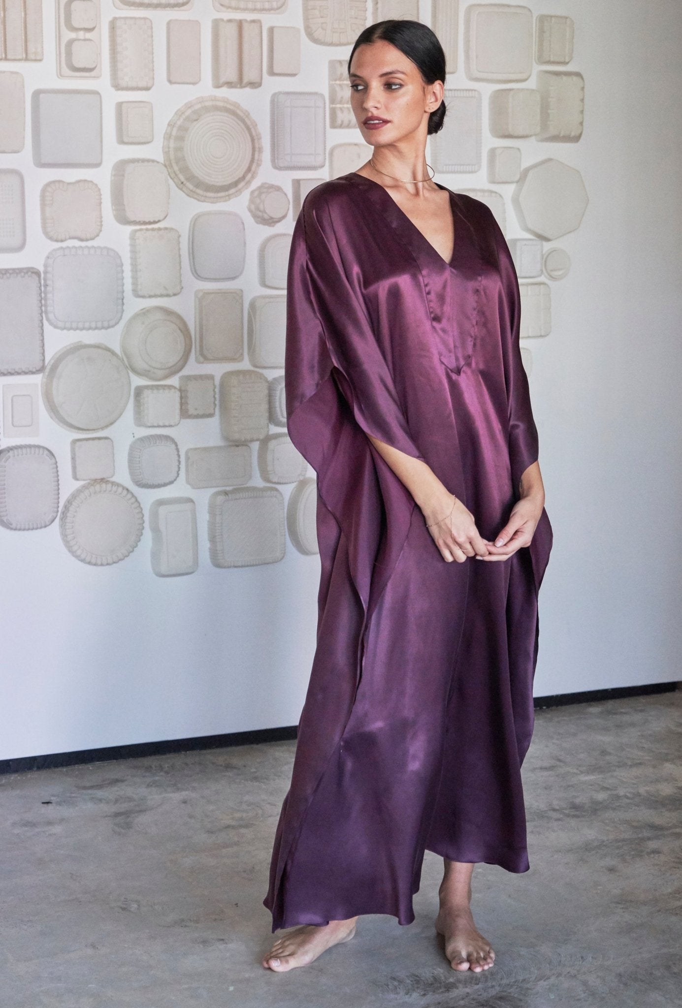 Burgundy Silk Placket V - Neck Long Caftan - Limited Edition! - ocean+main