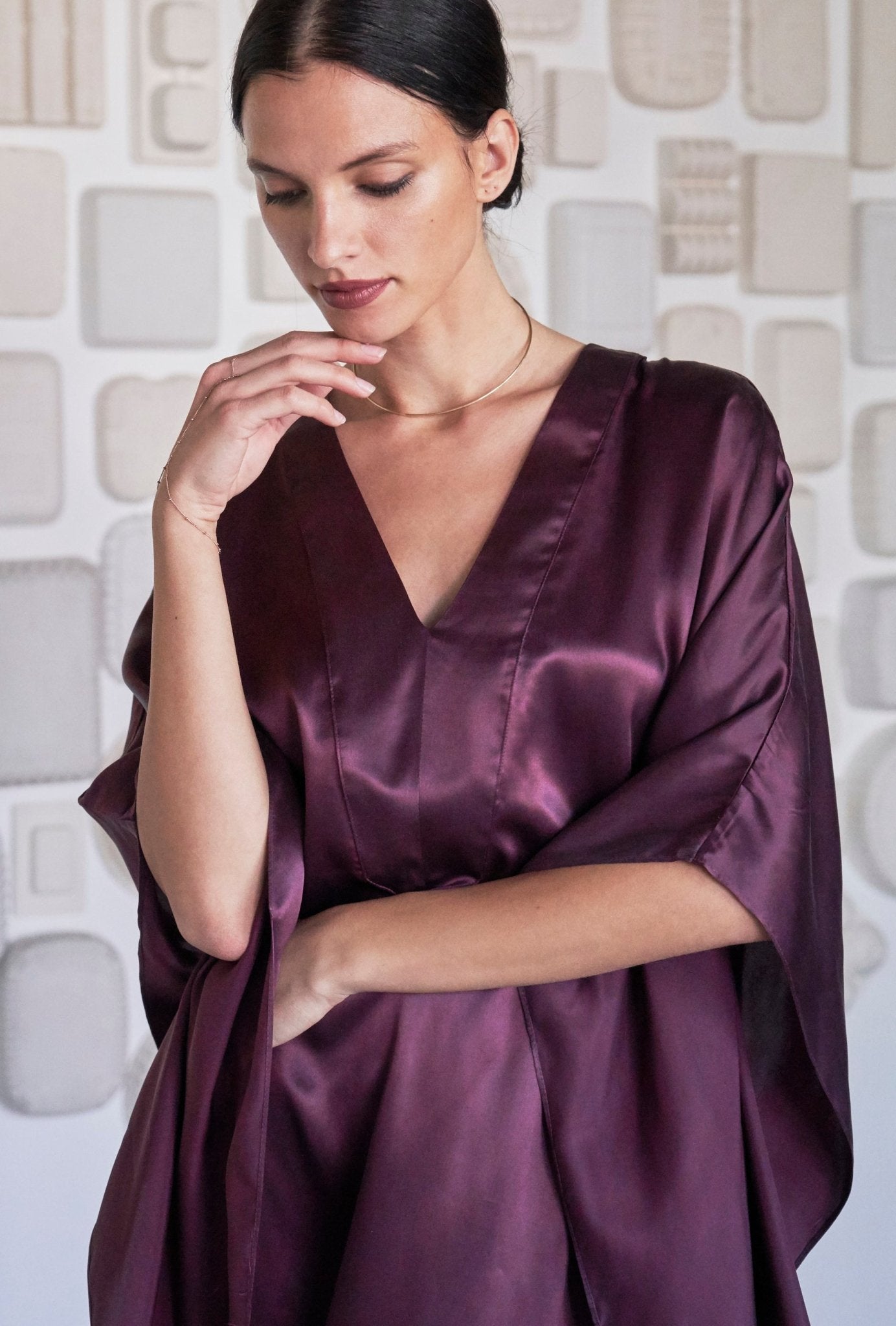 Burgundy Silk Placket V - Neck Long Caftan - Limited Edition! - ocean+main