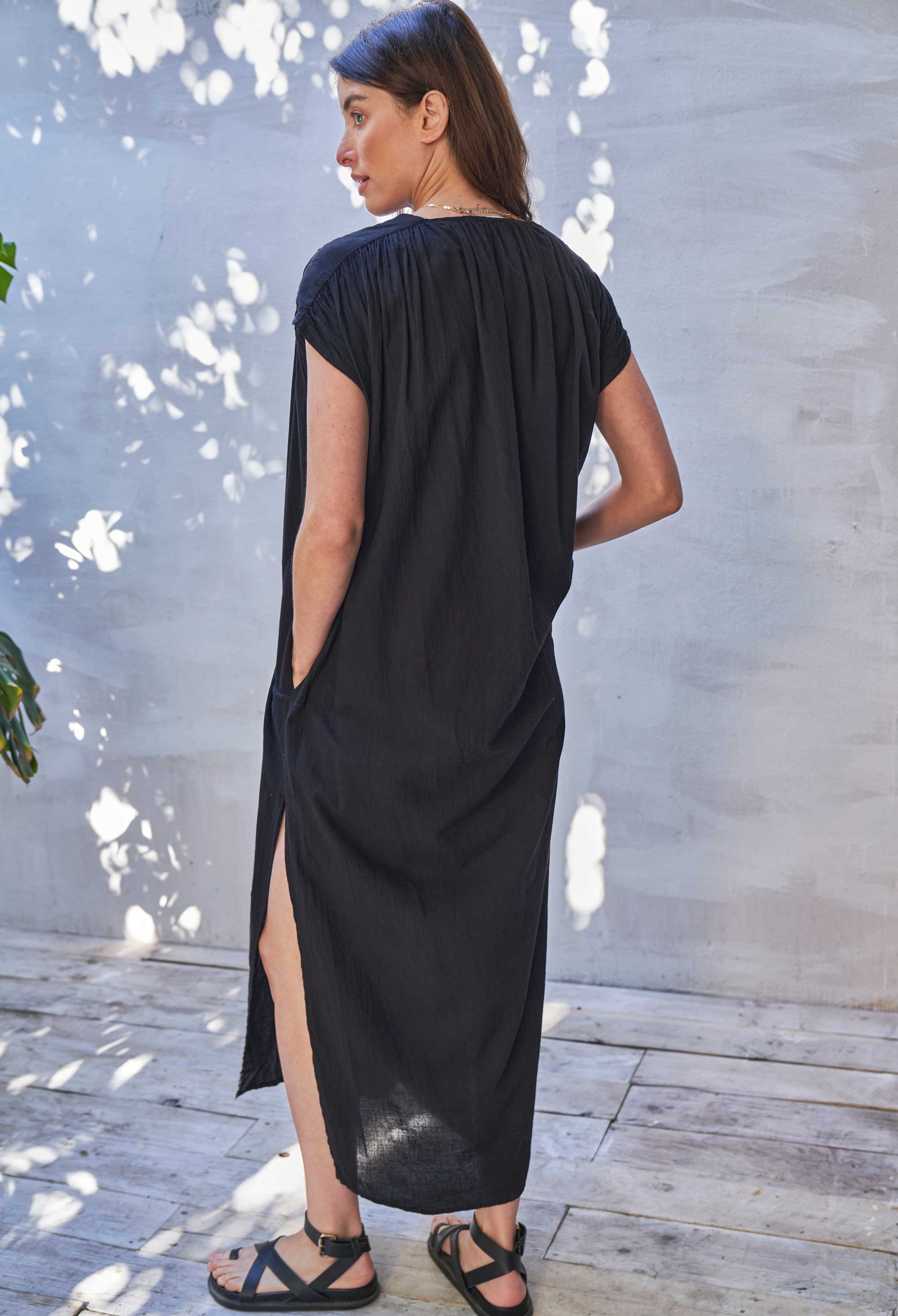 Black Sleeveless Long Rouched Shoulder Maxi Cotton Tunic