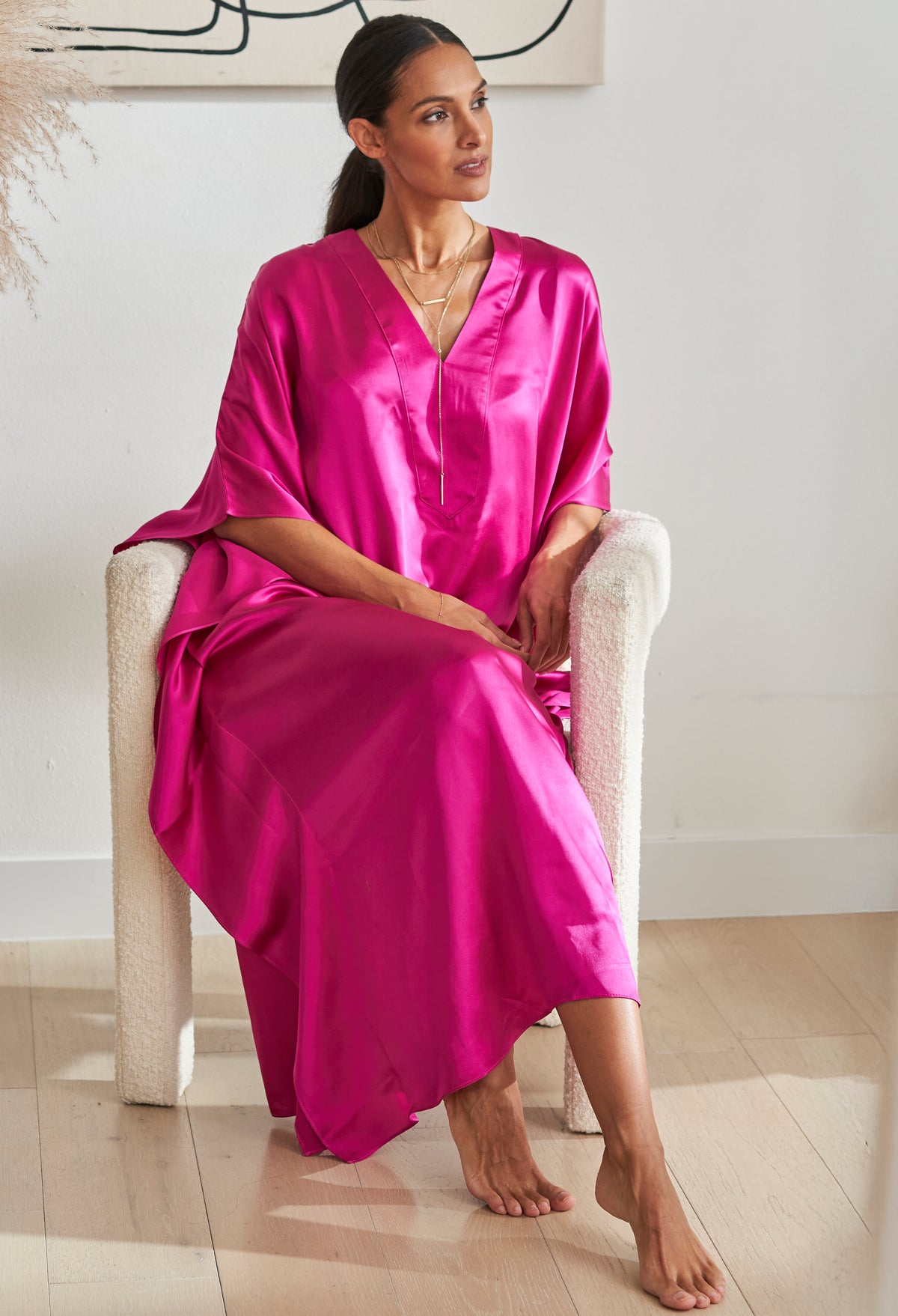 Limited Edition: Fuchsia Silk Placket V-Neck Long Caftan - only 9 made!