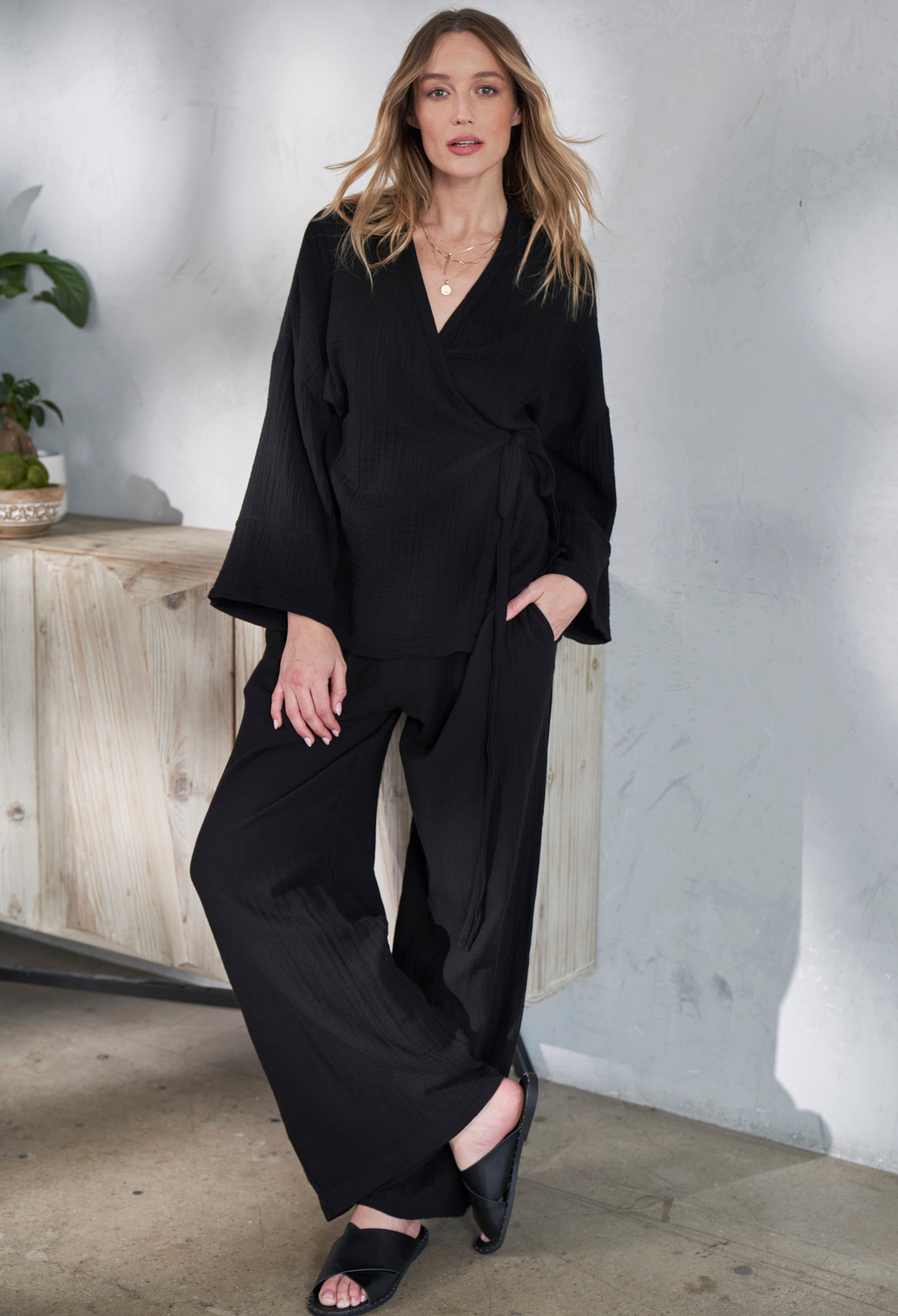 Black Kimono Sleeve Gauze Wrap Top - Sale