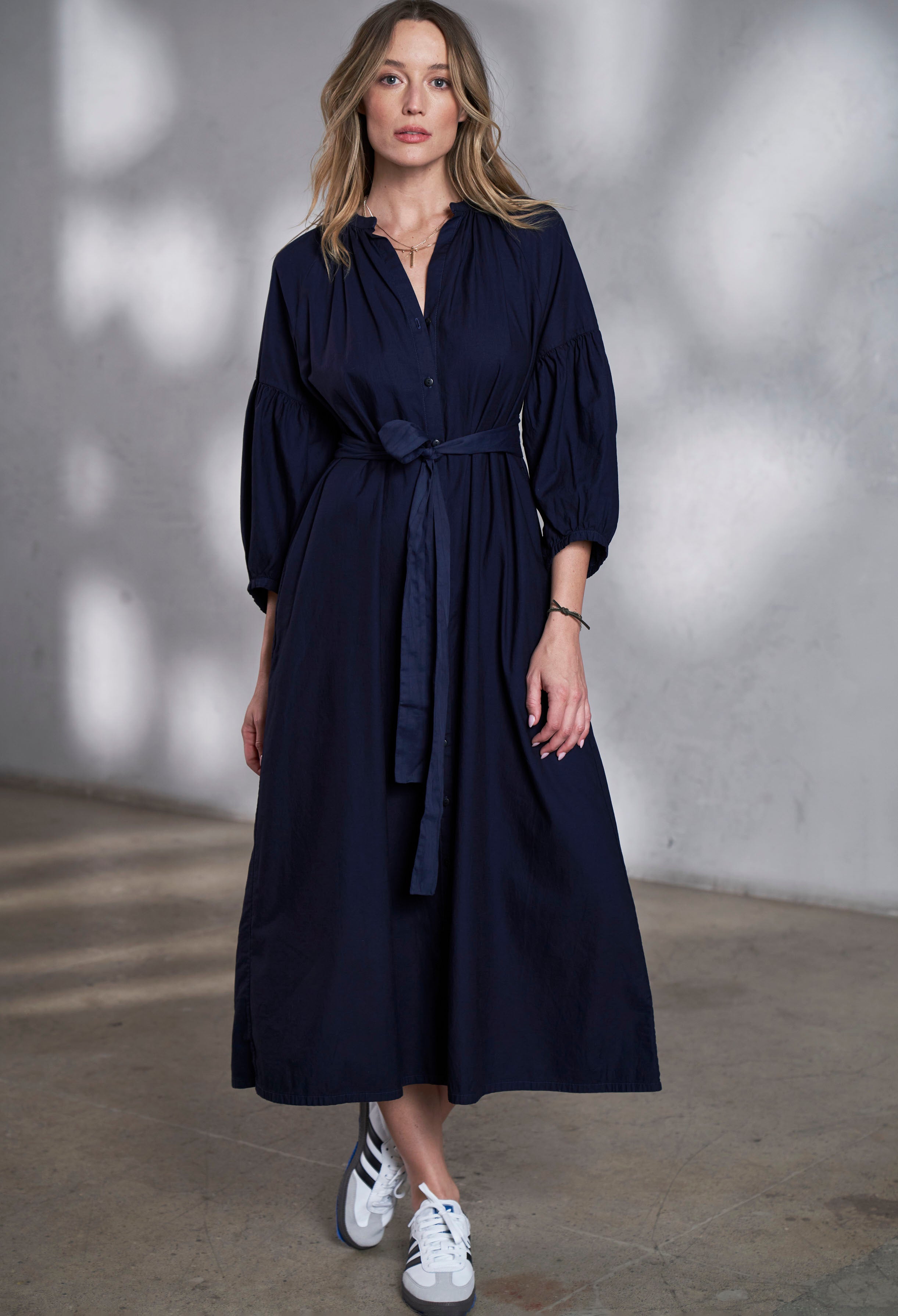 Aubrey Navy Cotton Belted Peasant Dress with Pockets - Sale