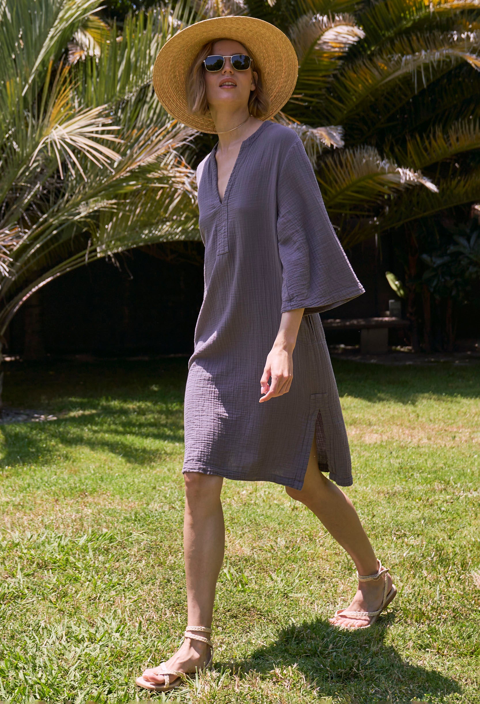 Desert Amethyst Short Gauze Tunic Dress with Pockets