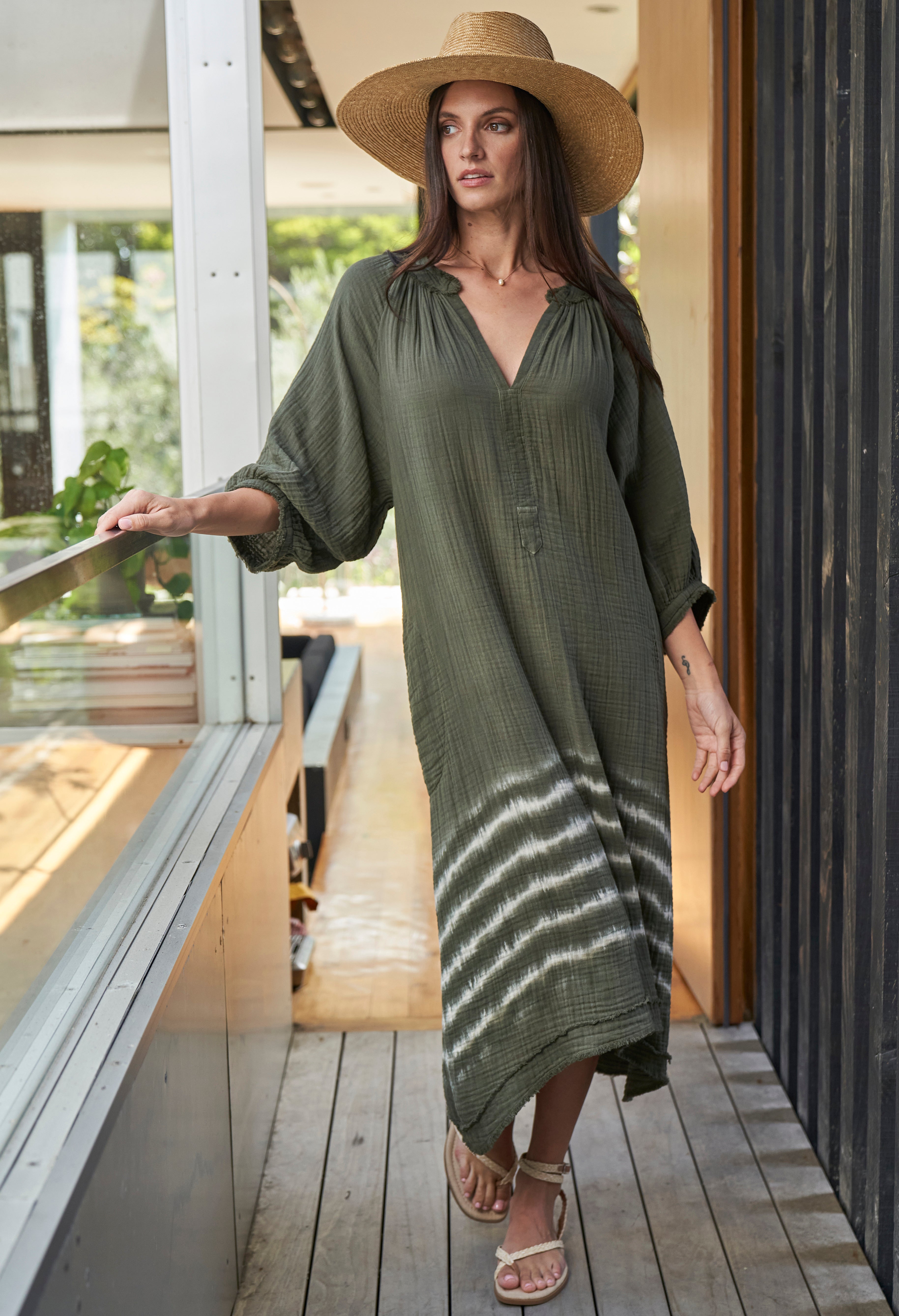 Sage Green Tie Dye Gauze Dress with Pockets