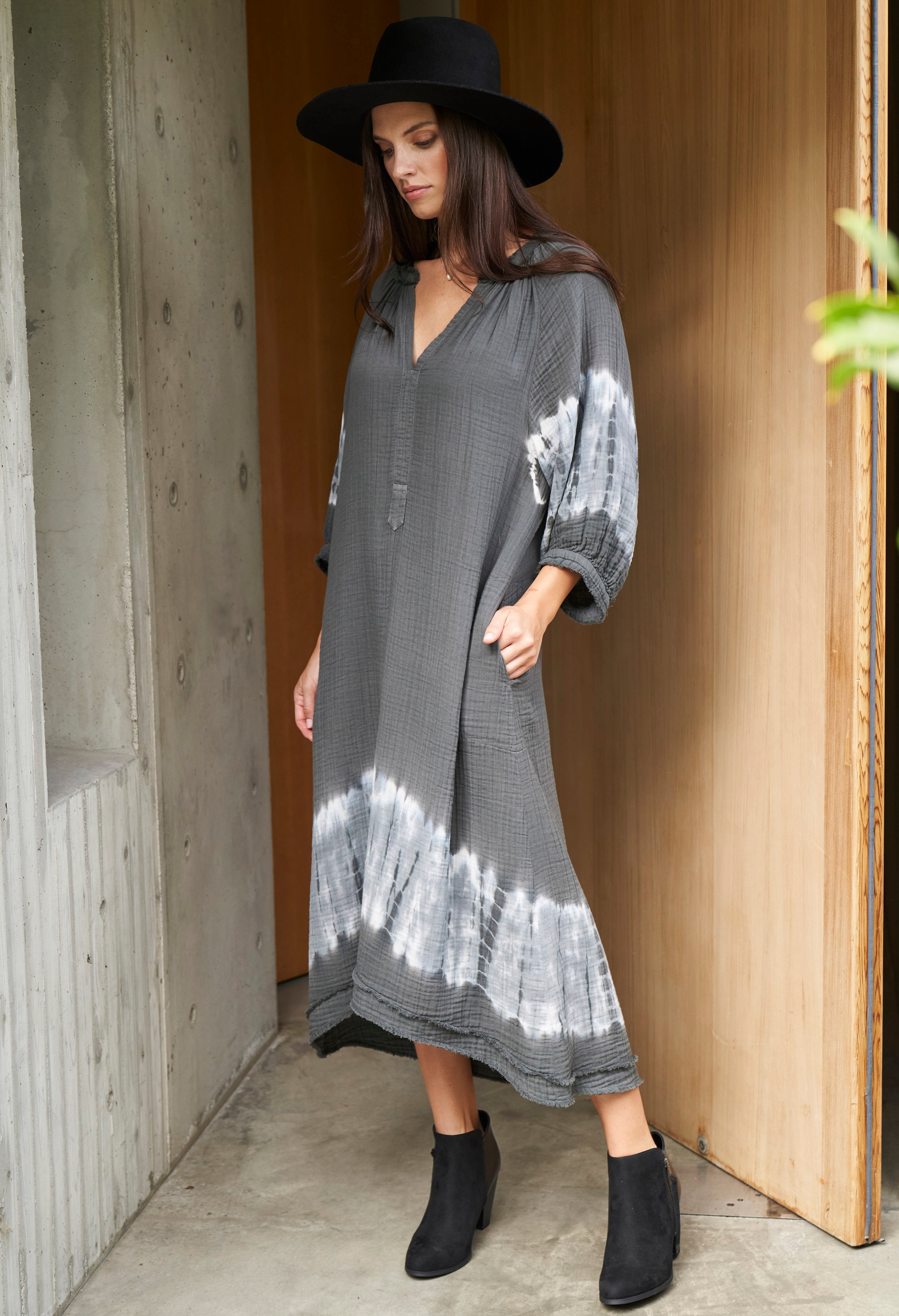 Charcoal + Light Blue Tie Dye Hem Gauze Dress with Pockets