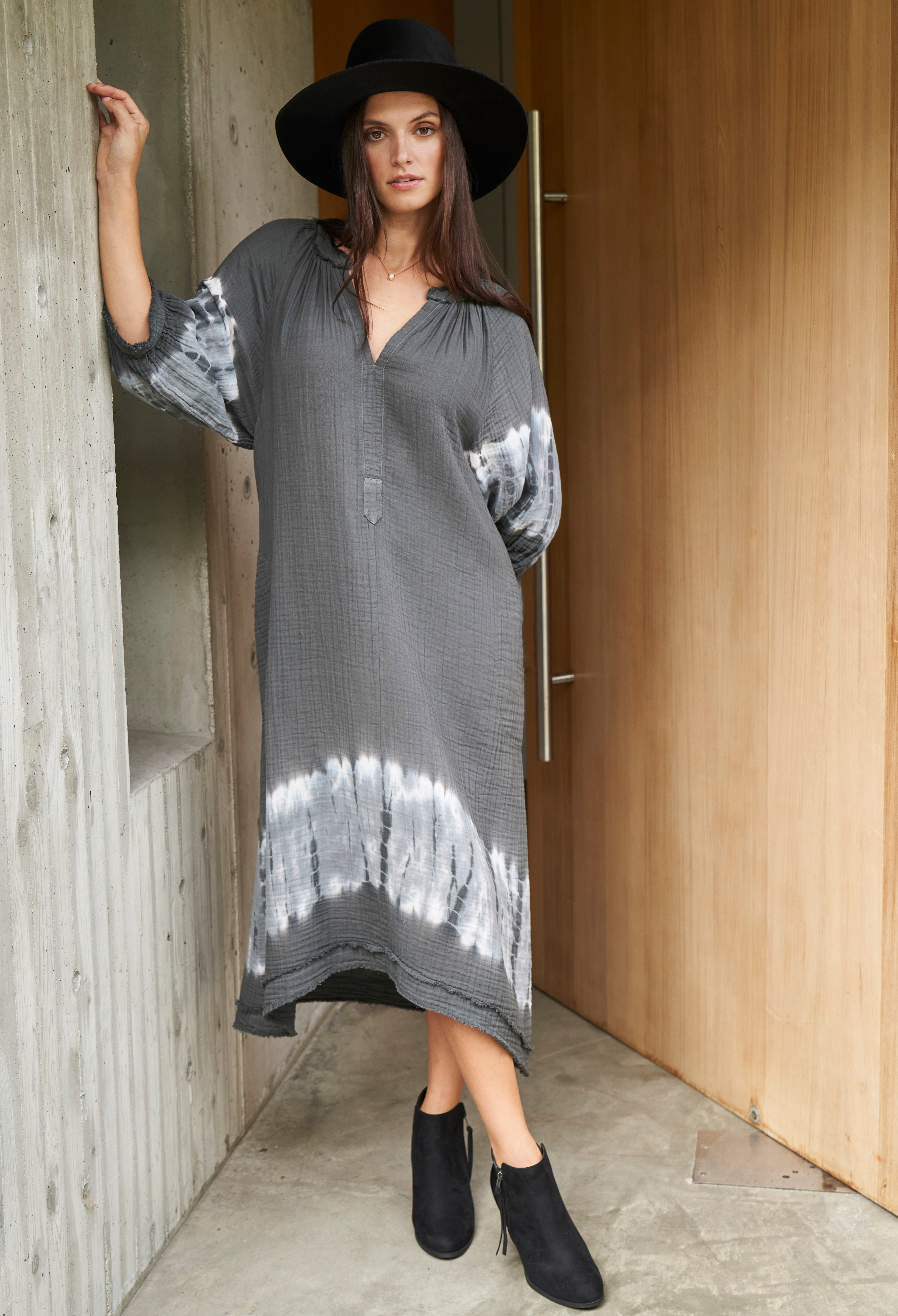 Charcoal + Light Blue Tie Dye Hem Gauze Dress with Pockets