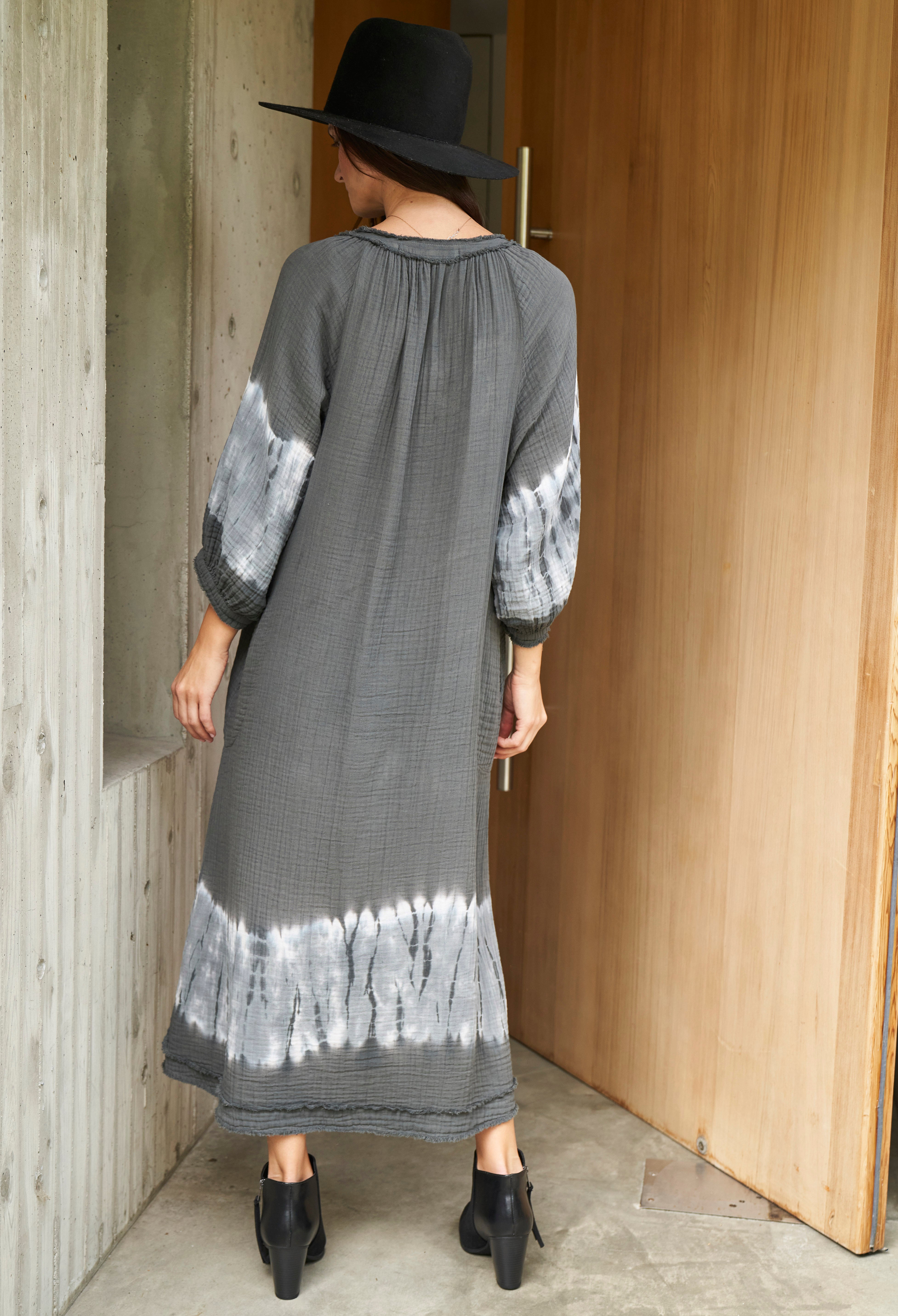 Charcoal + Light Blue Tie Dye Hem Gauze Dress with Pockets