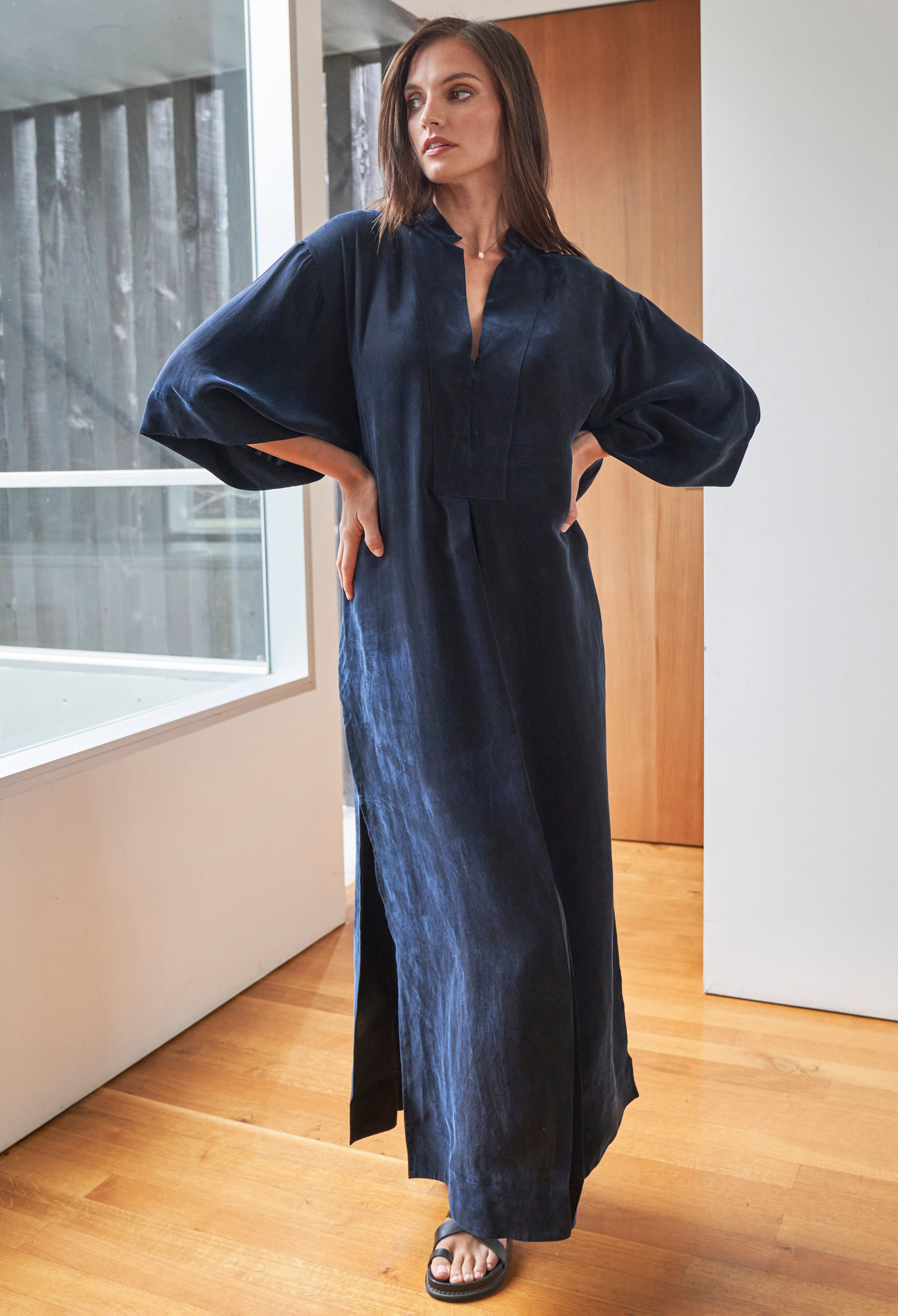 Navy Cupro Mandarin Kimono Sleeve Collar Caftan