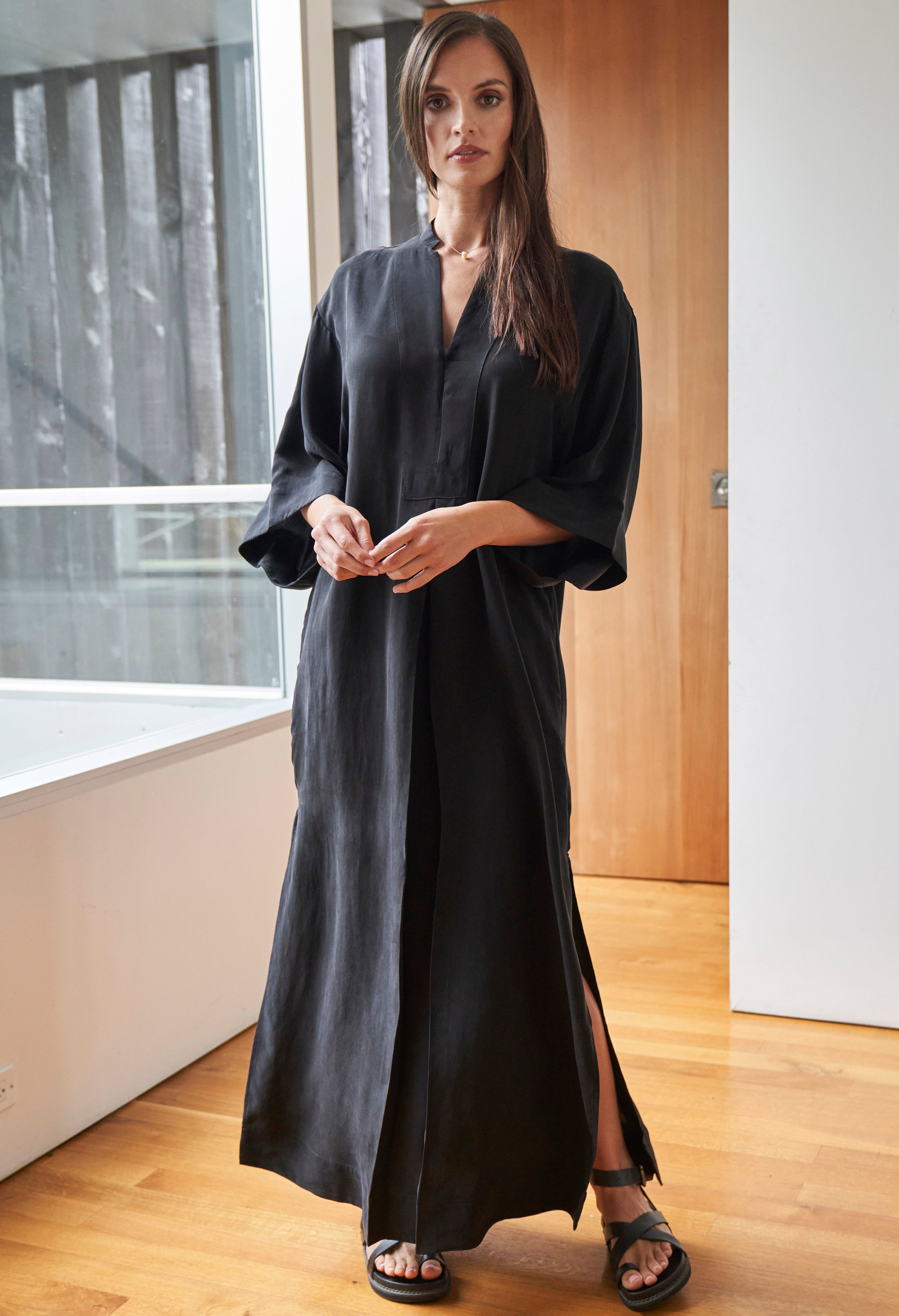 Black Cupro Mandarin Kimono Sleeve Collar Caftan