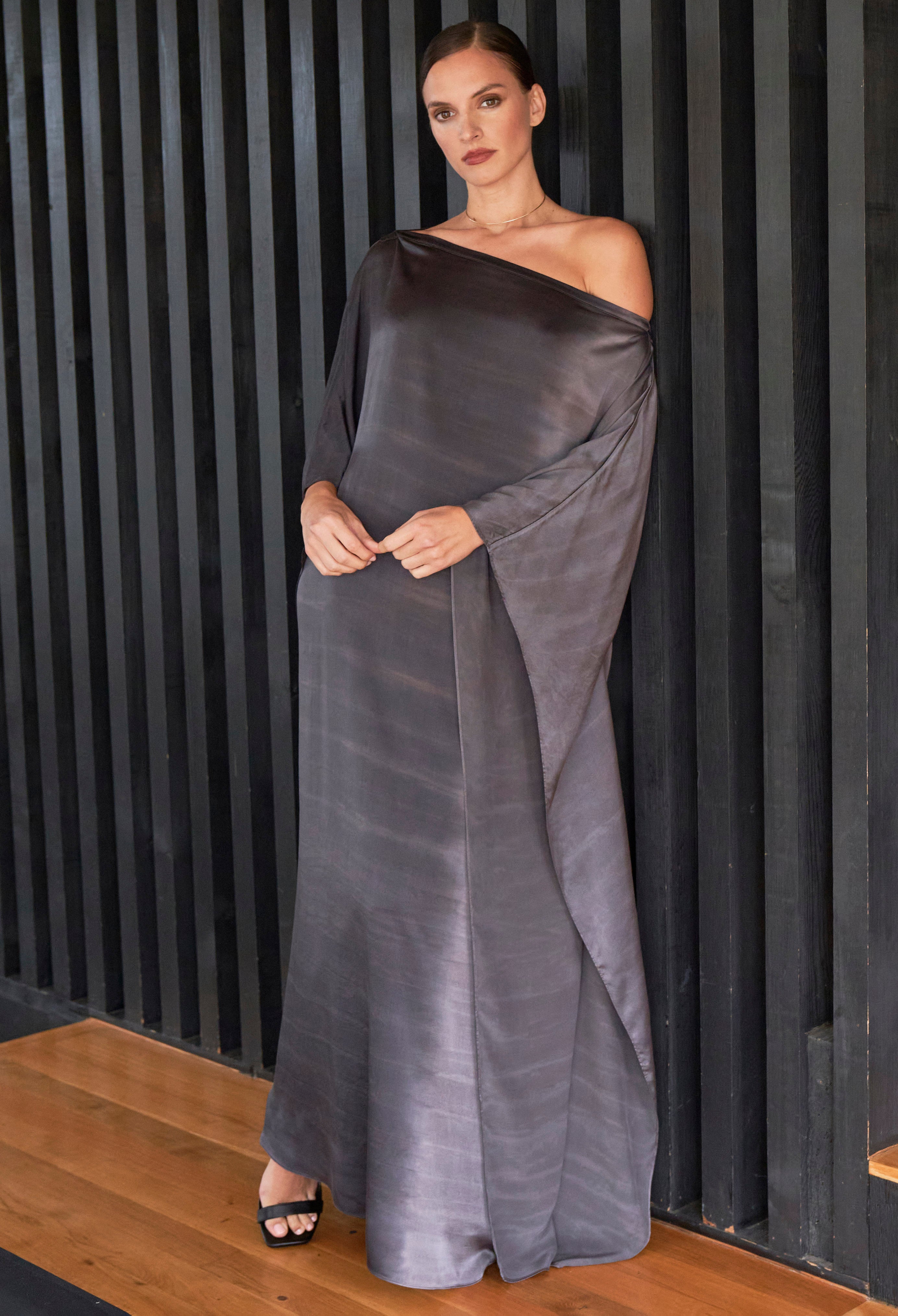 Ombre Charcoal Grey and Silver Boatneck Silk Caftan