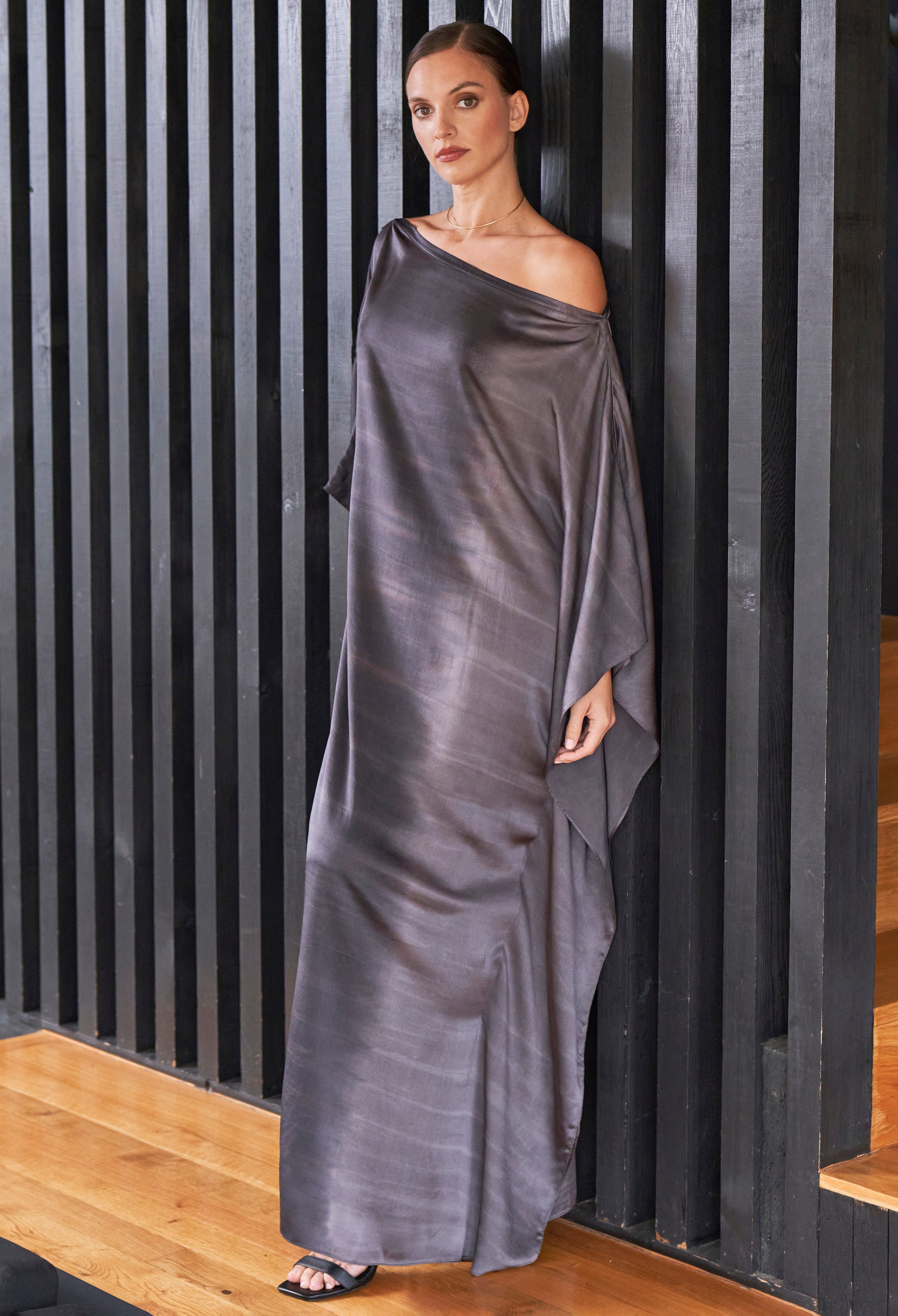 Ombre Charcoal Grey and Silver Boatneck Silk Caftan