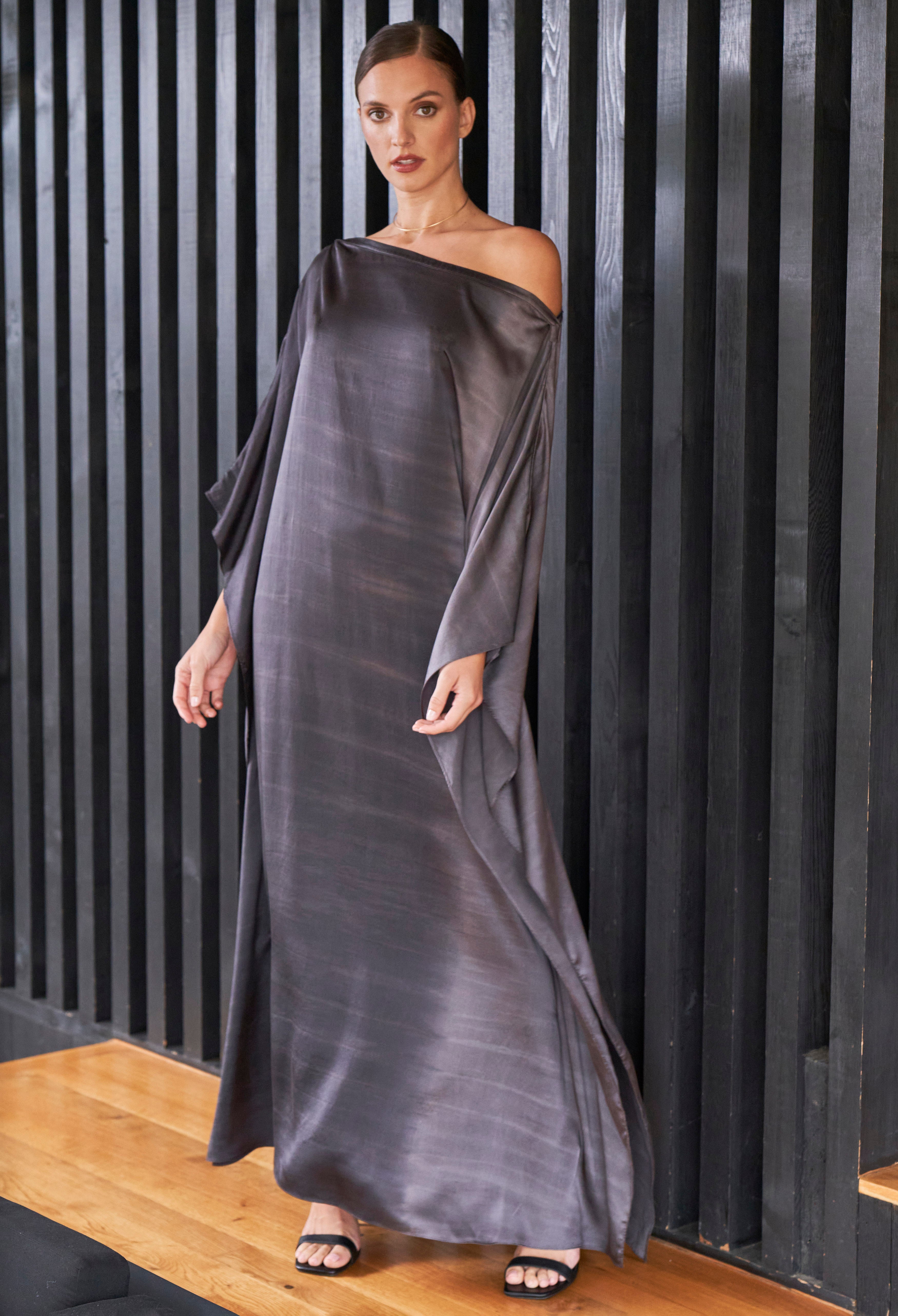 Ombre Charcoal Grey and Silver Boatneck Silk Caftan