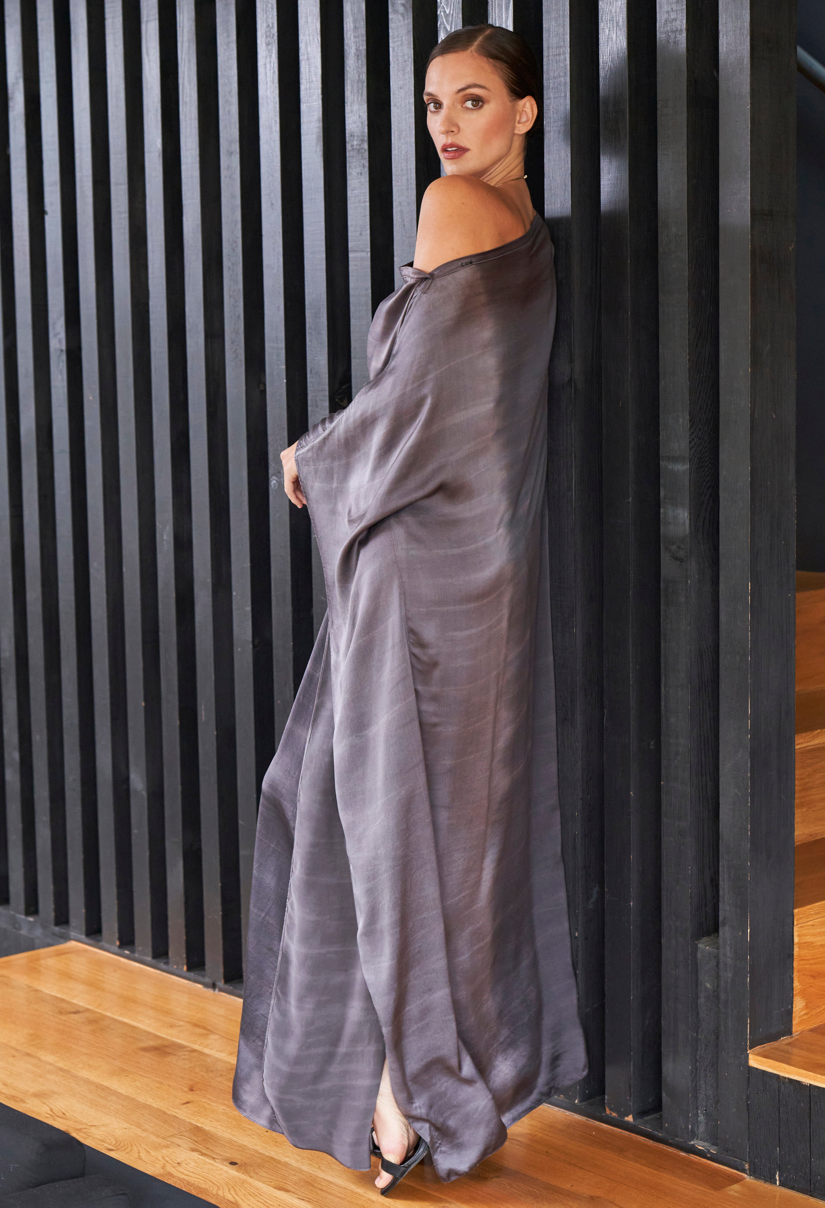 Ombre Charcoal Grey and Silver Boatneck Silk Caftan