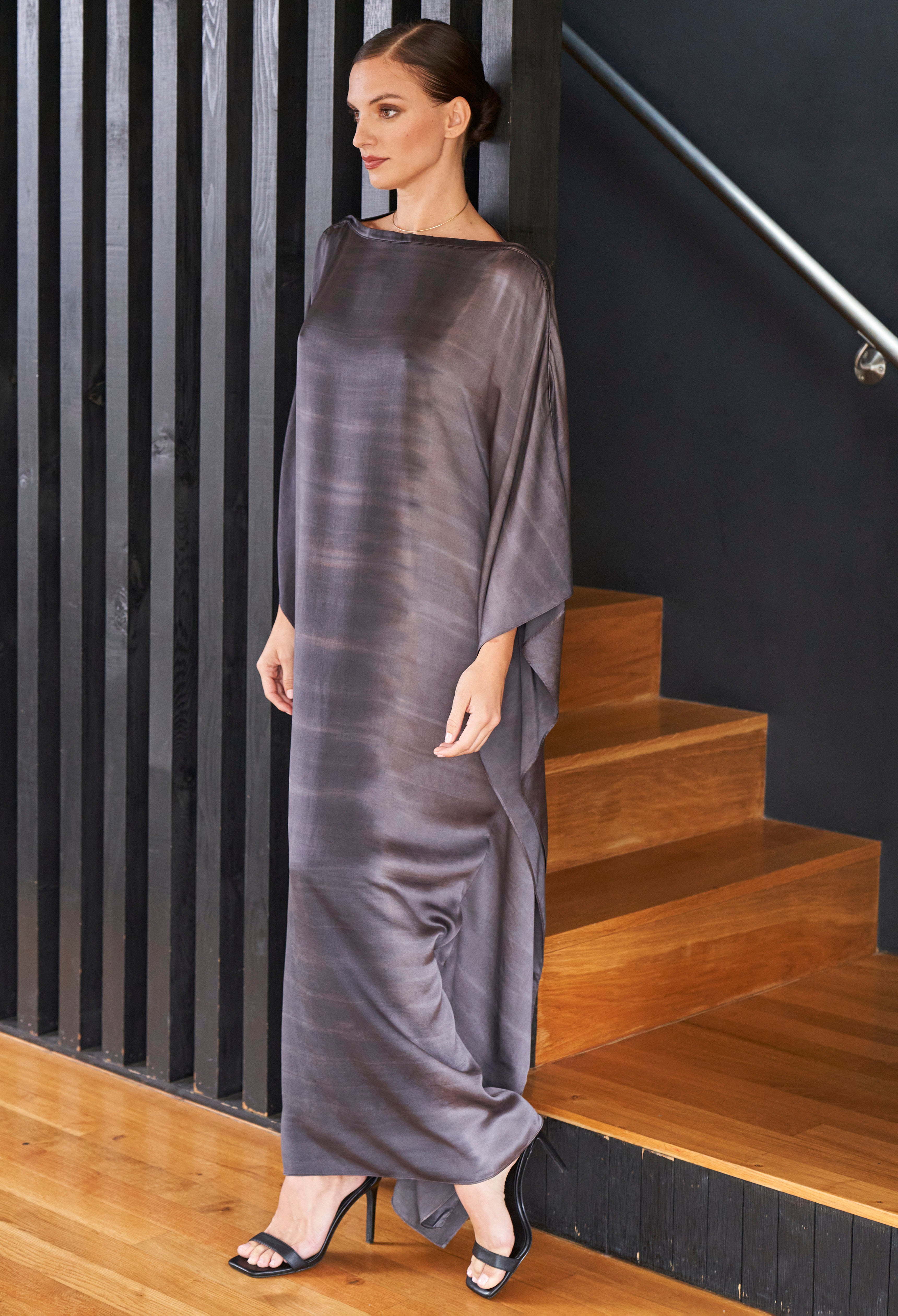 Ombre Charcoal Grey and Silver Boatneck Silk Caftan