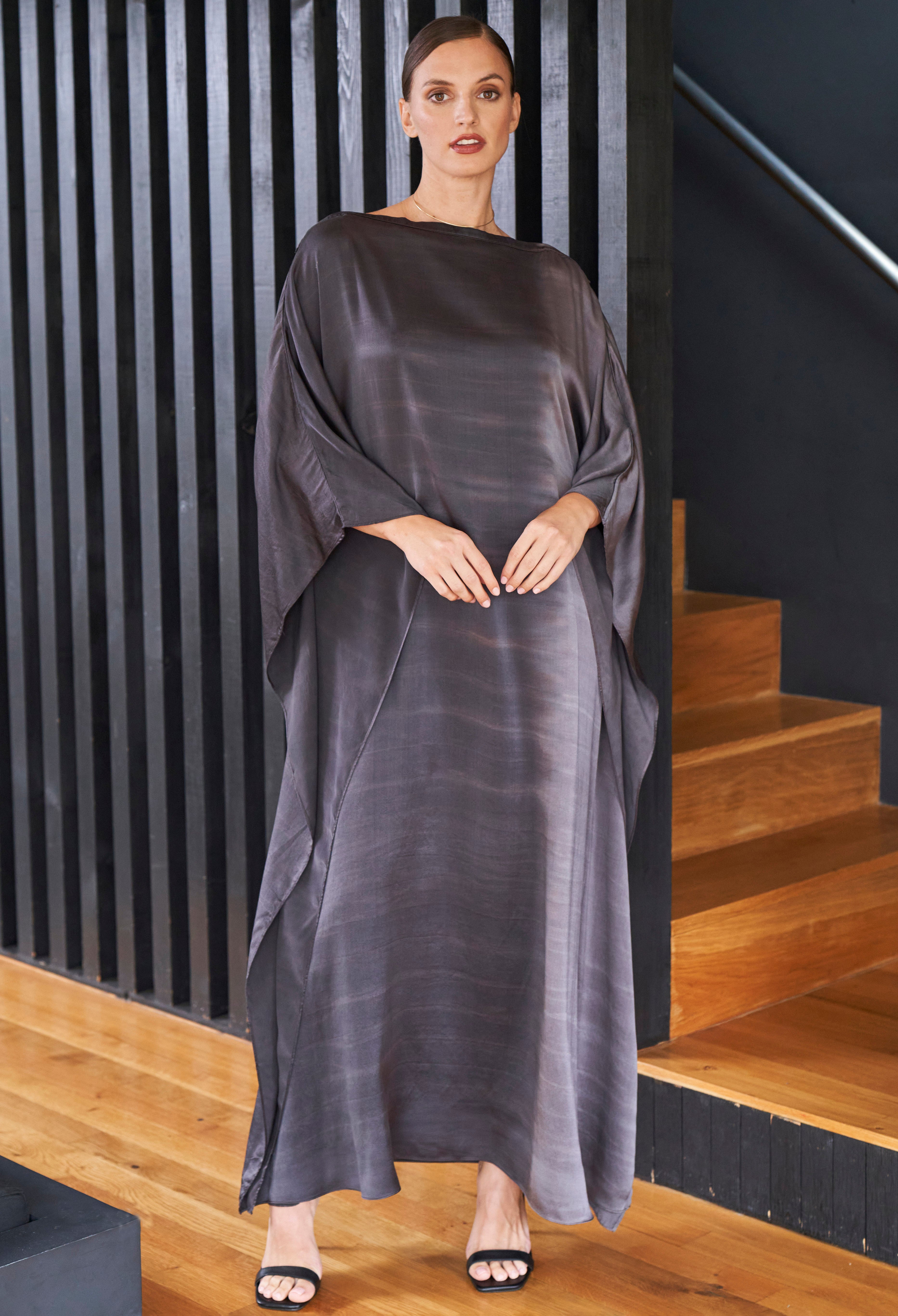 Ombre Charcoal Grey and Silver Boatneck Silk Caftan