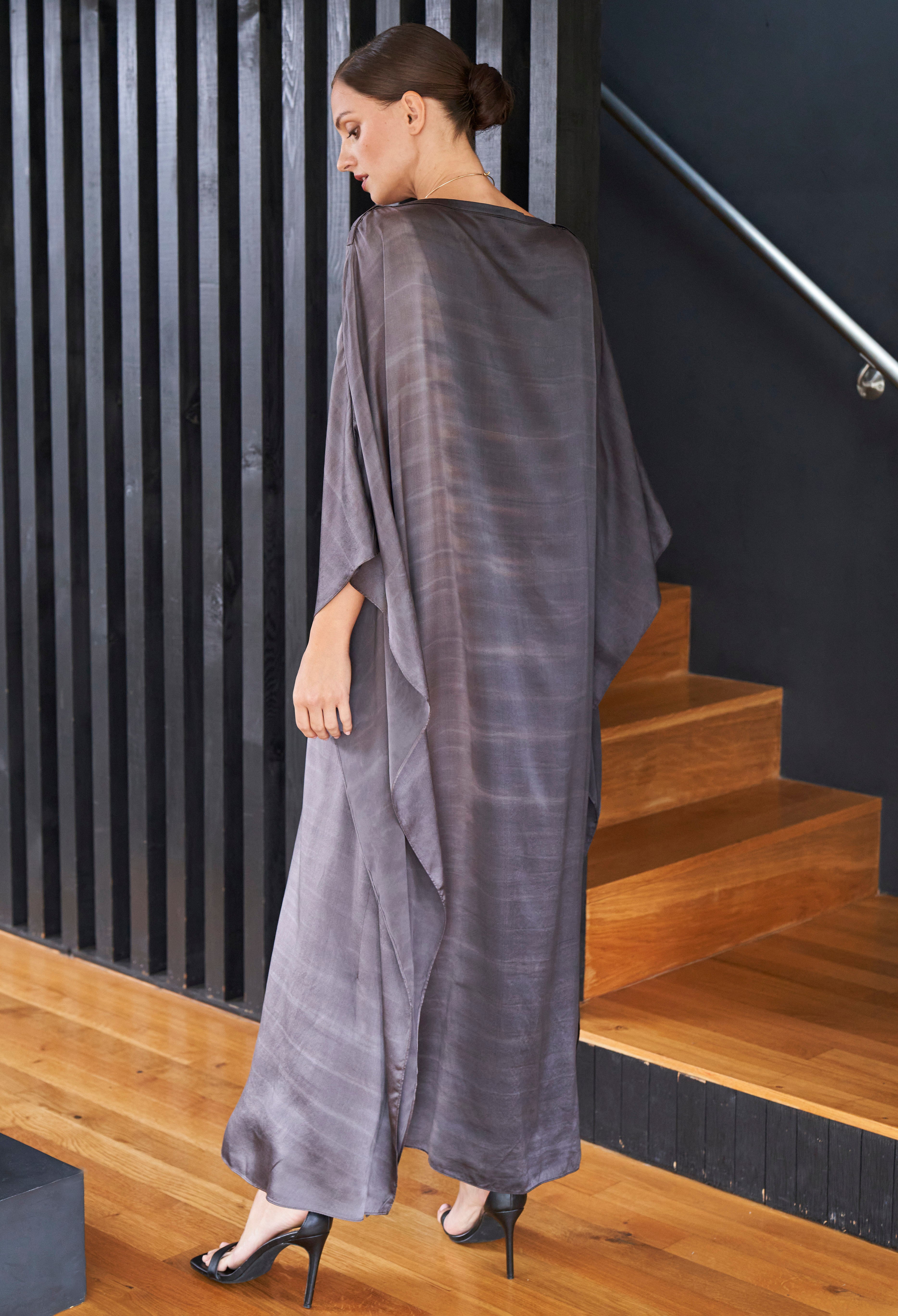 Ombre Charcoal Grey and Silver Boatneck Silk Caftan