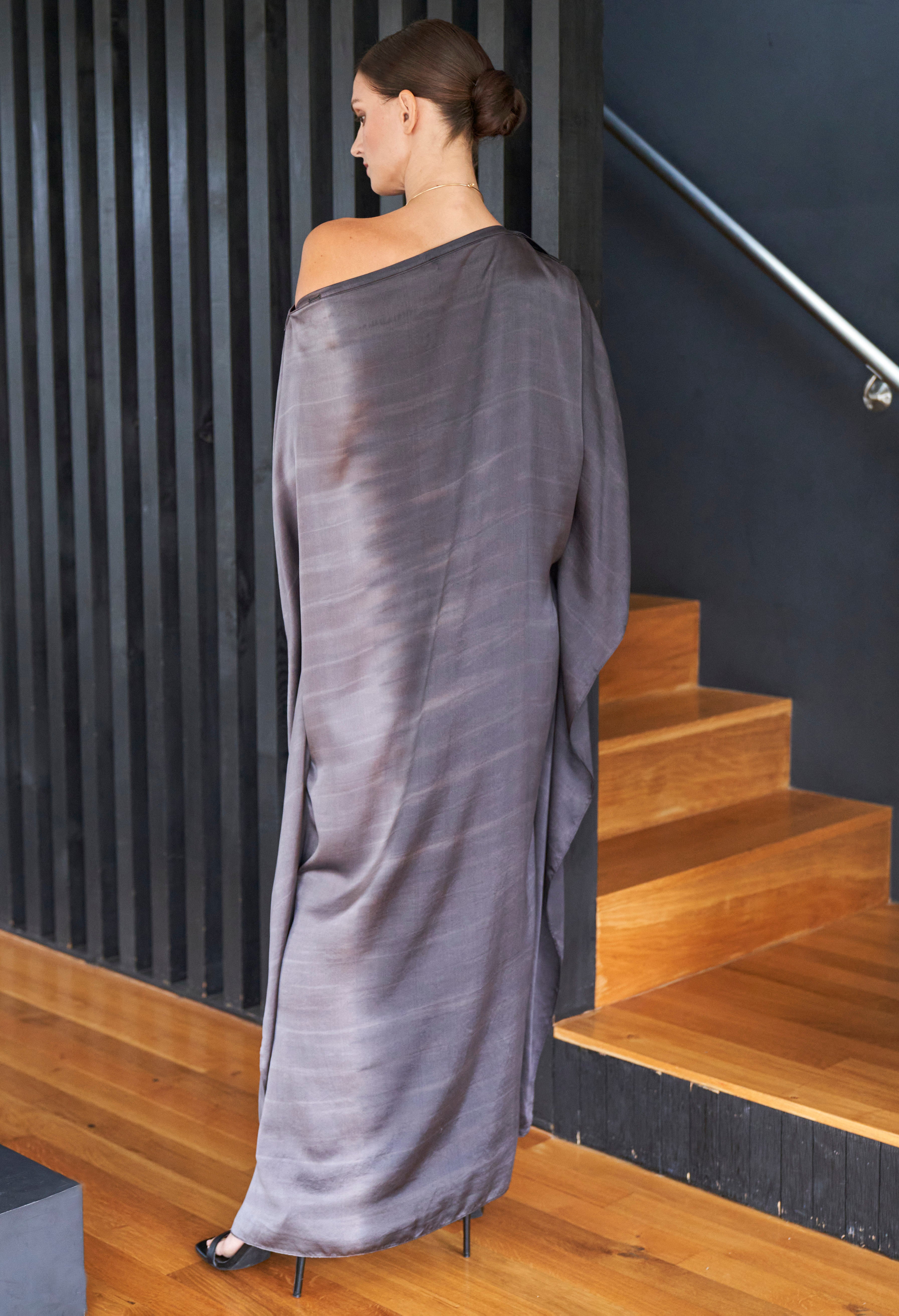 Ombre Charcoal Grey and Silver Boatneck Silk Caftan