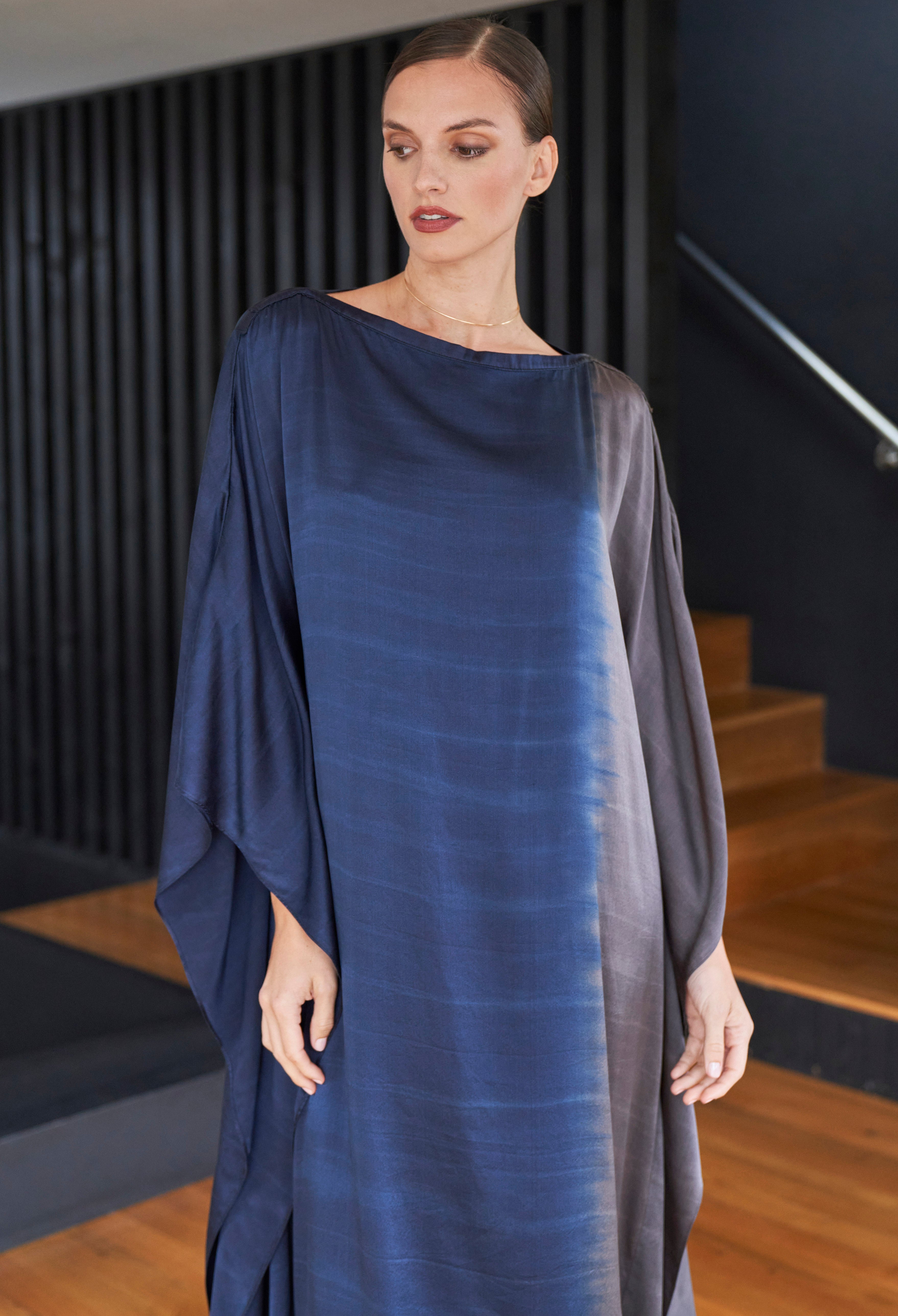 Ombre Navy and Silver Boatneck Silk Caftan