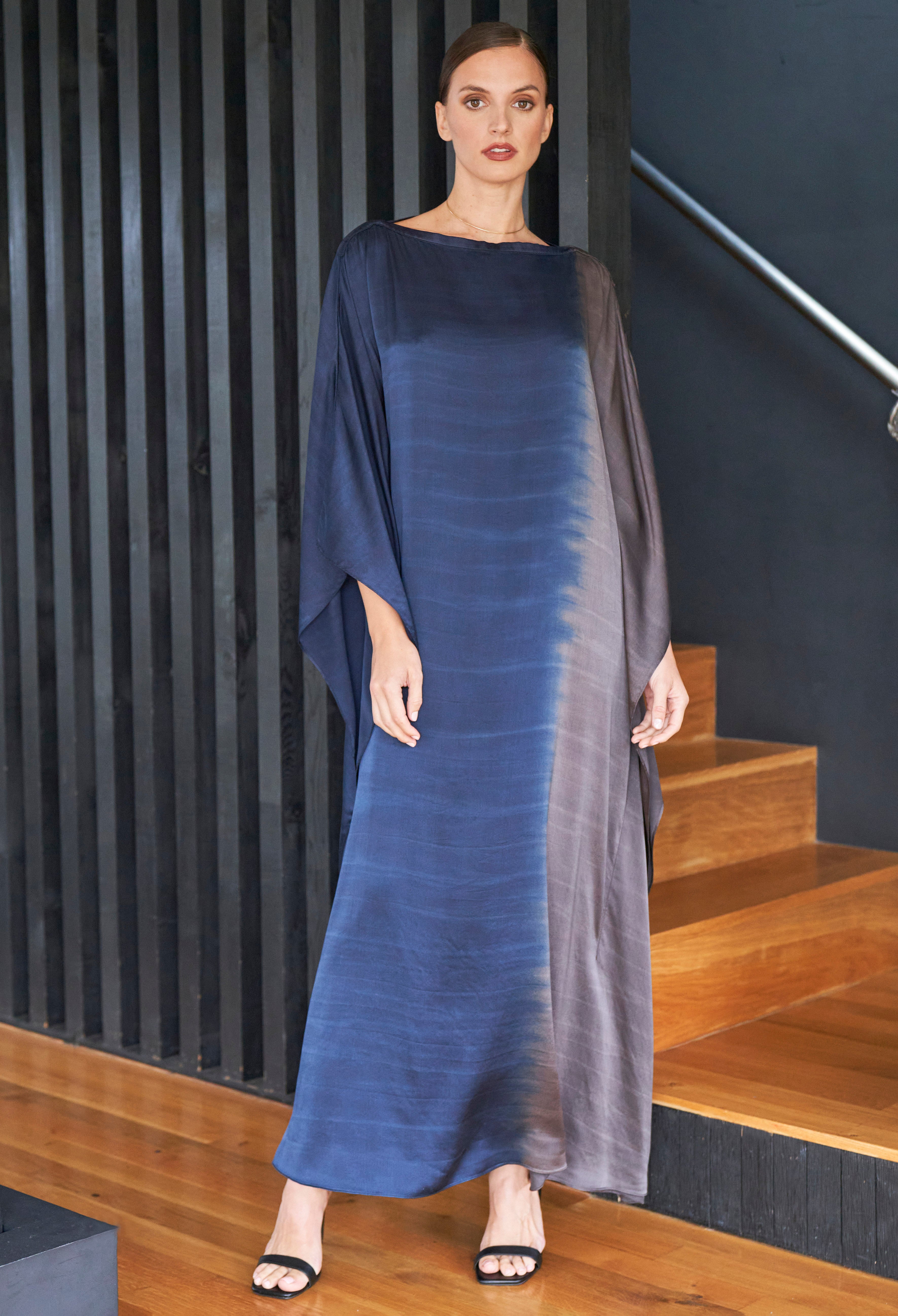 Ombre Navy and Silver Boatneck Silk Caftan