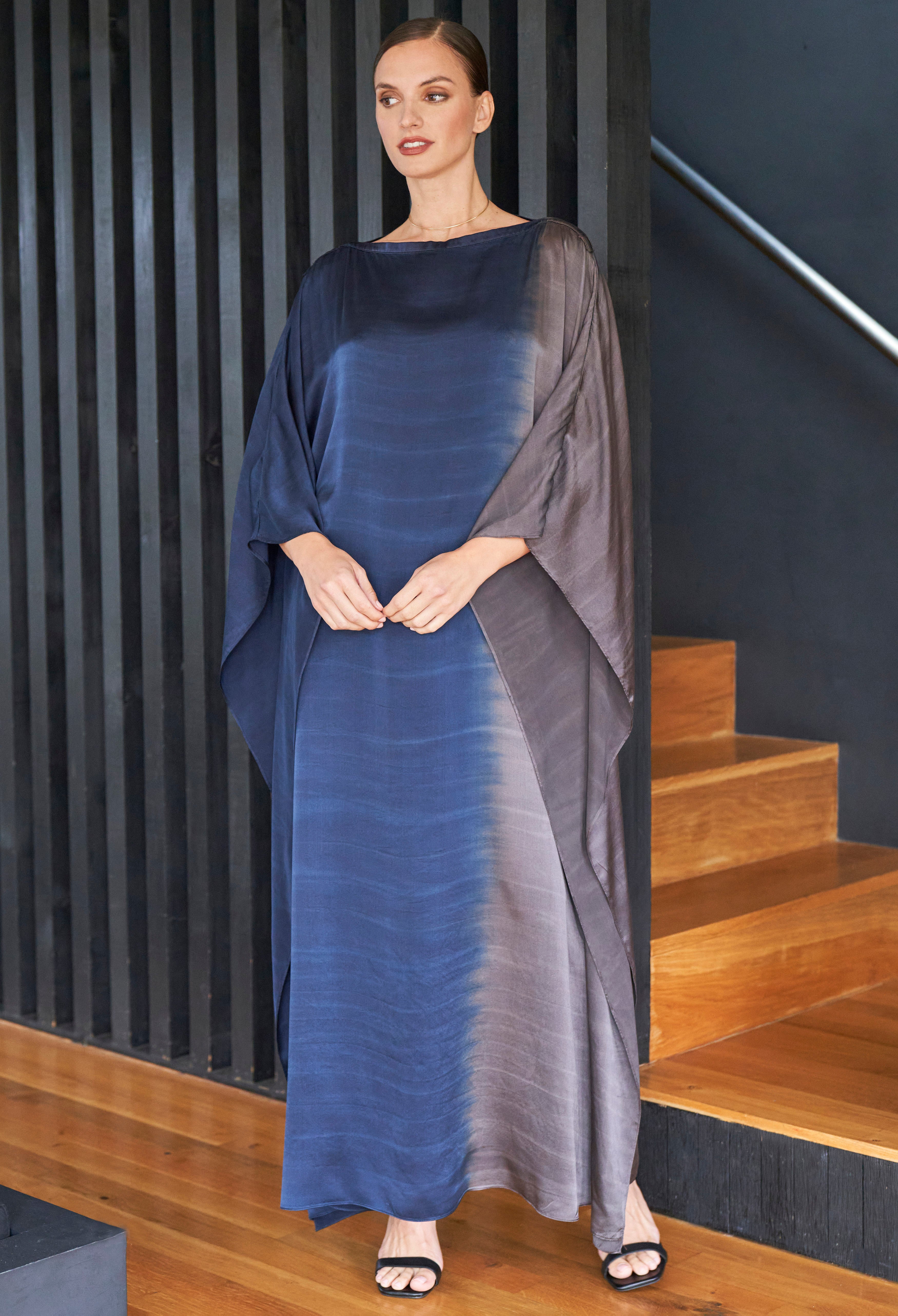 Ombre Navy and Silver Boatneck Silk Caftan