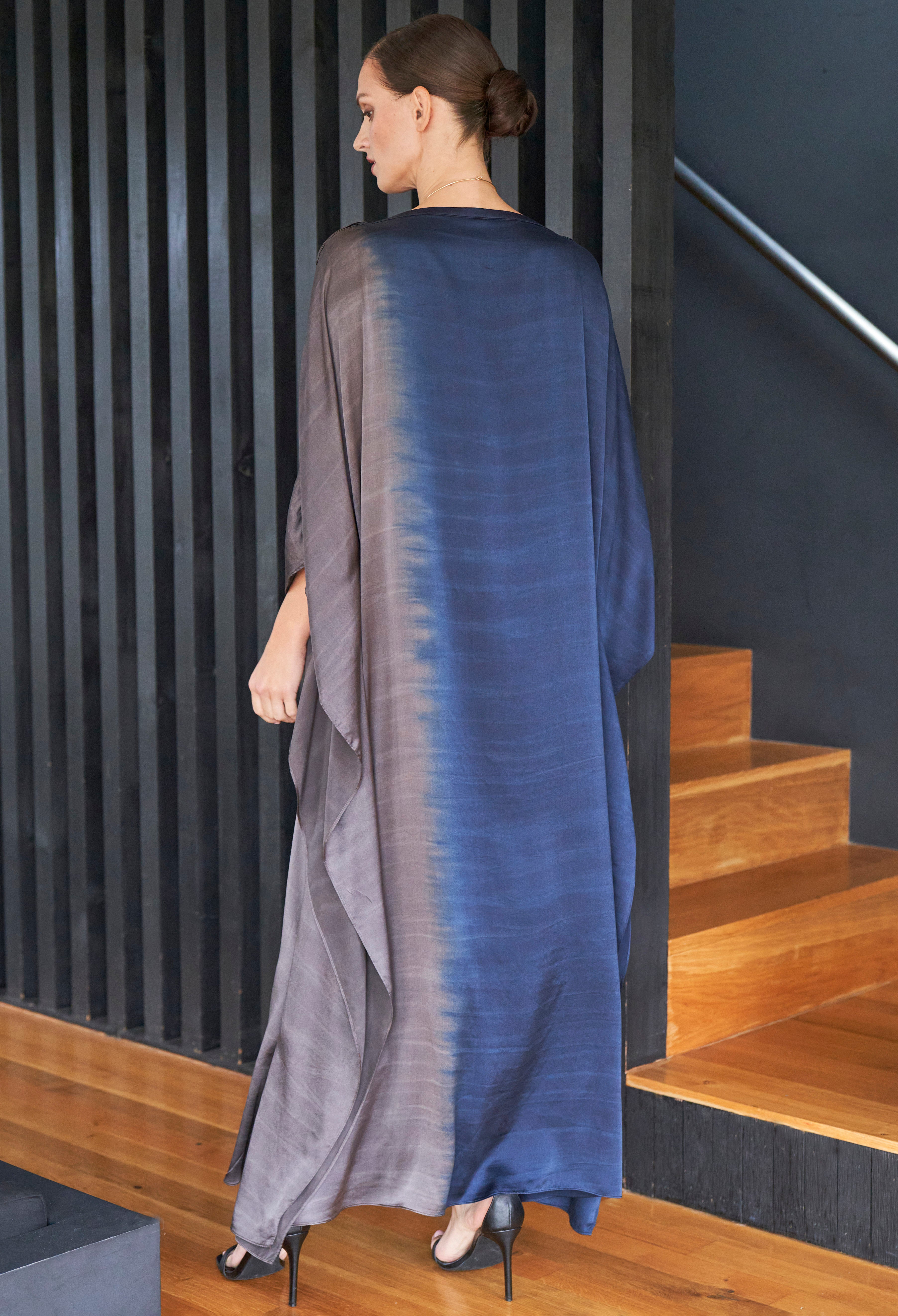 Ombre Navy and Silver Boatneck Silk Caftan