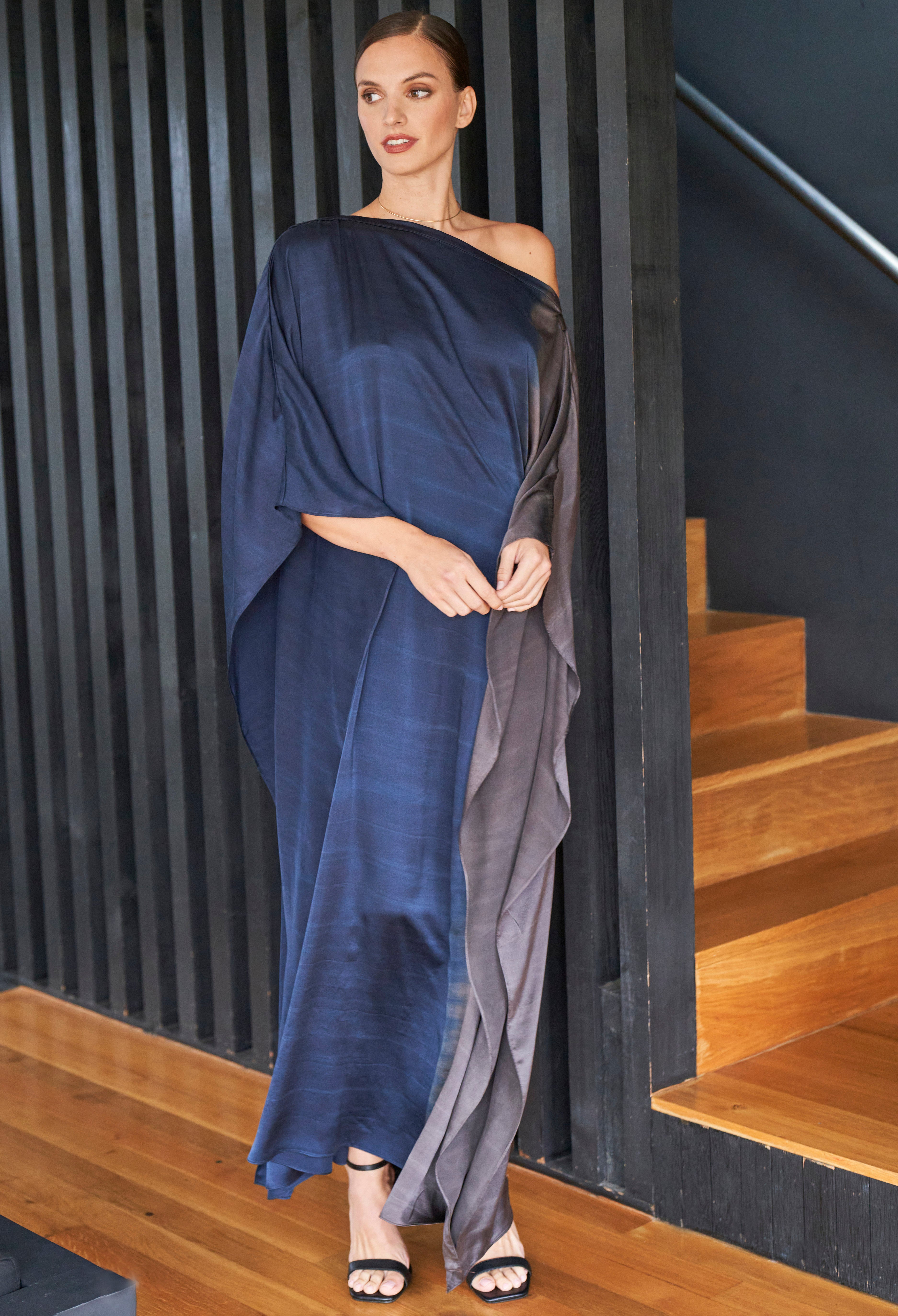 Ombre Navy and Silver Boatneck Silk Caftan