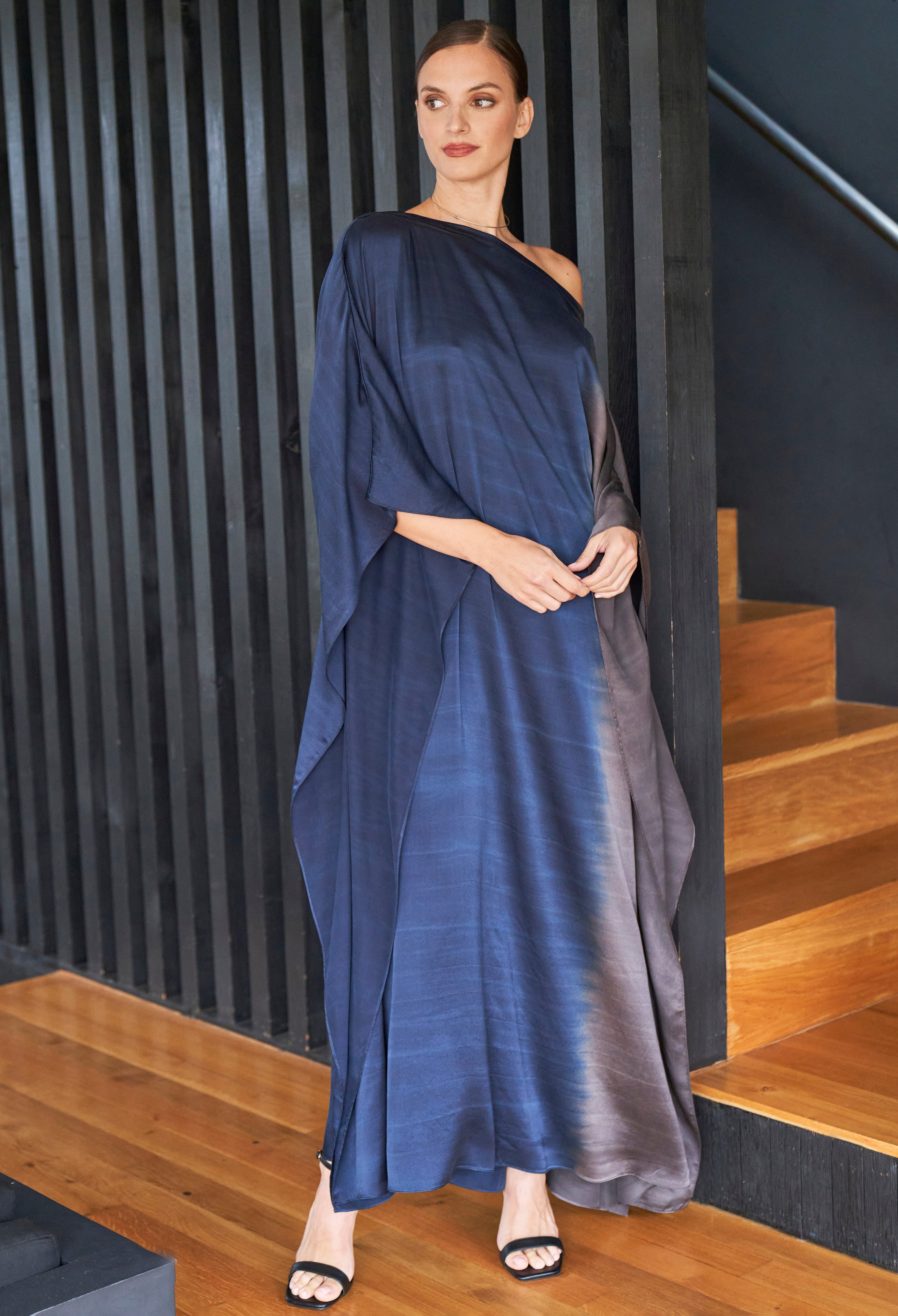 Ombre Navy and Silver Boatneck Silk Caftan