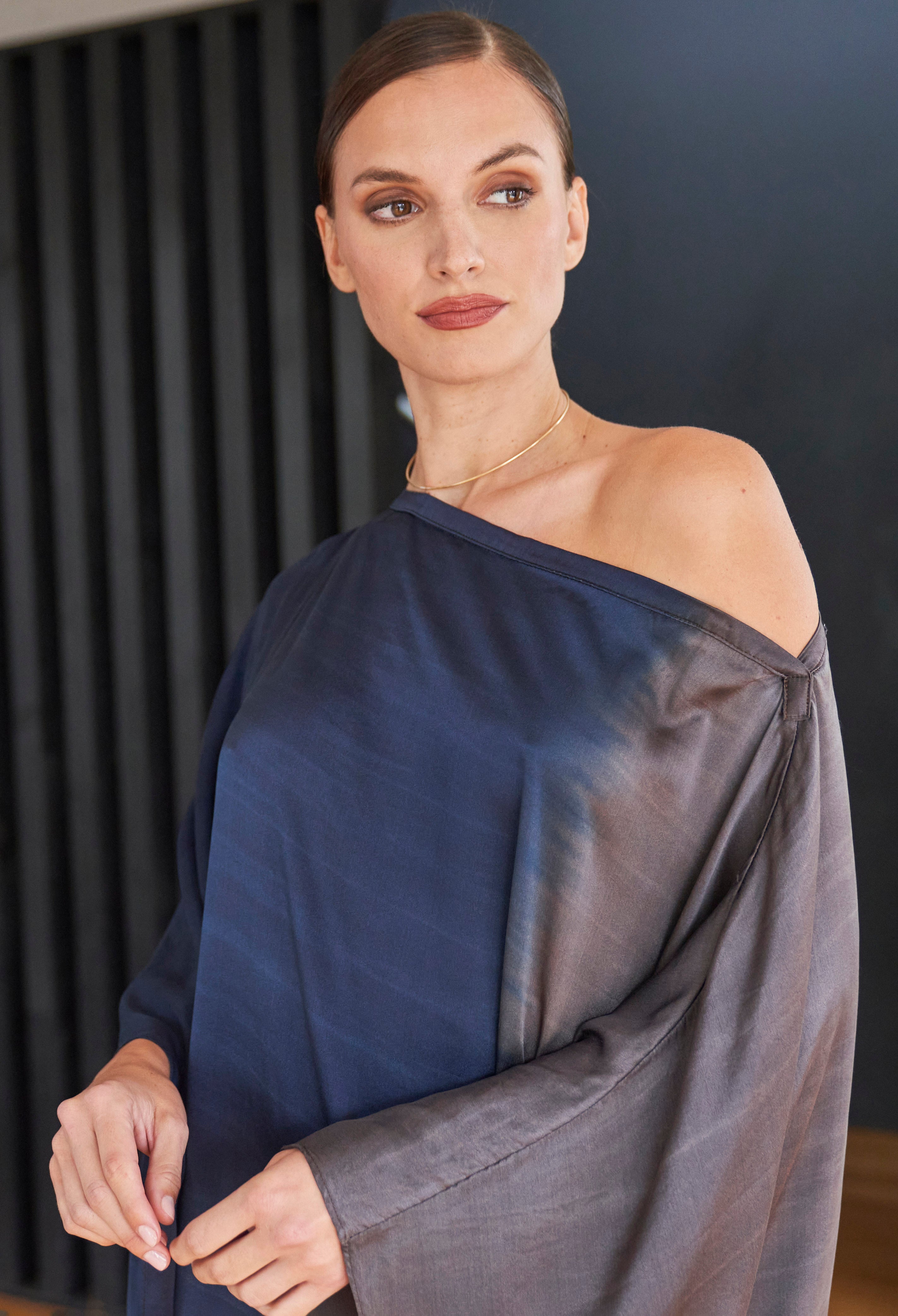 Ombre Navy and Silver Boatneck Silk Caftan