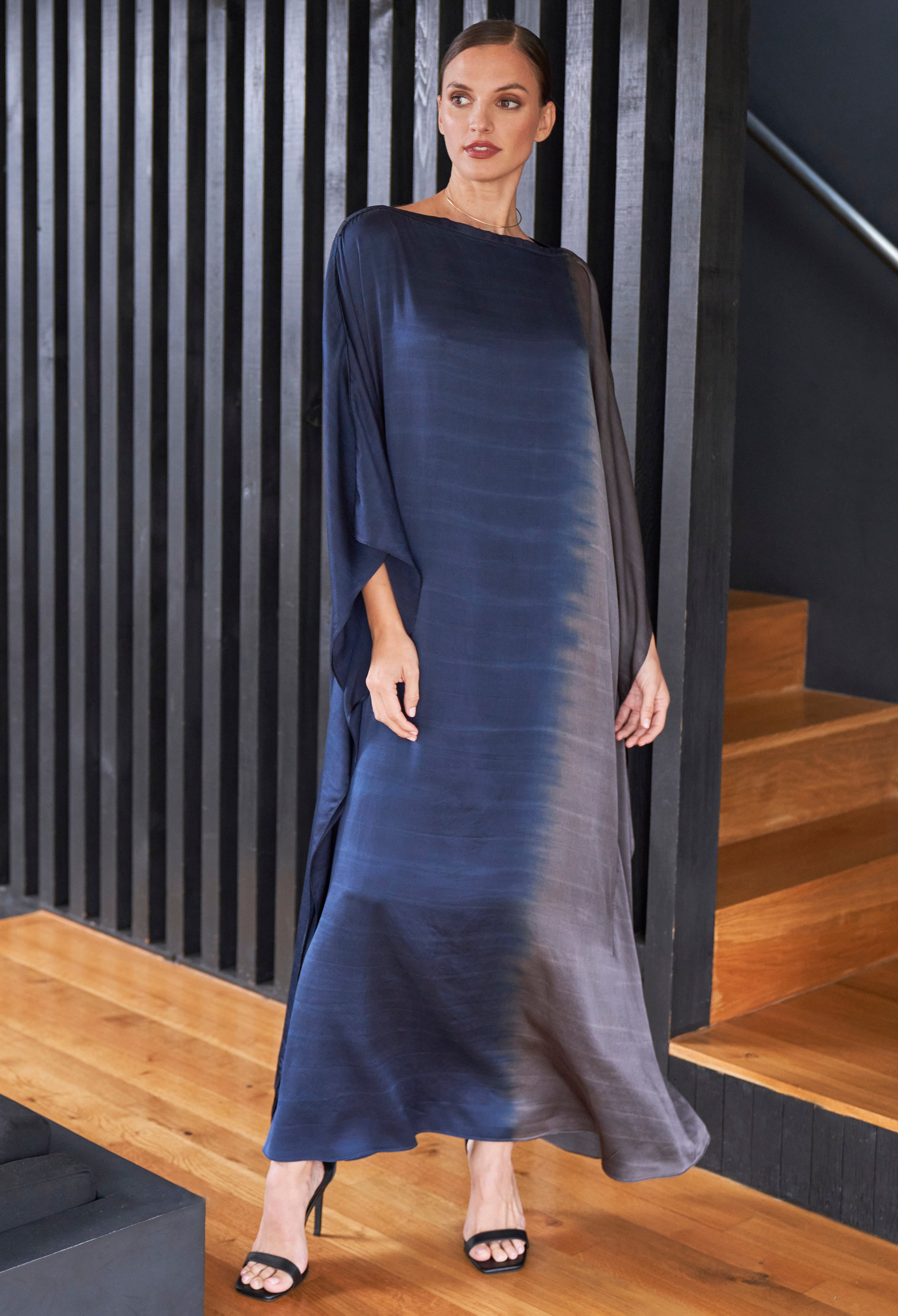 Ombre Navy and Silver Boatneck Silk Caftan