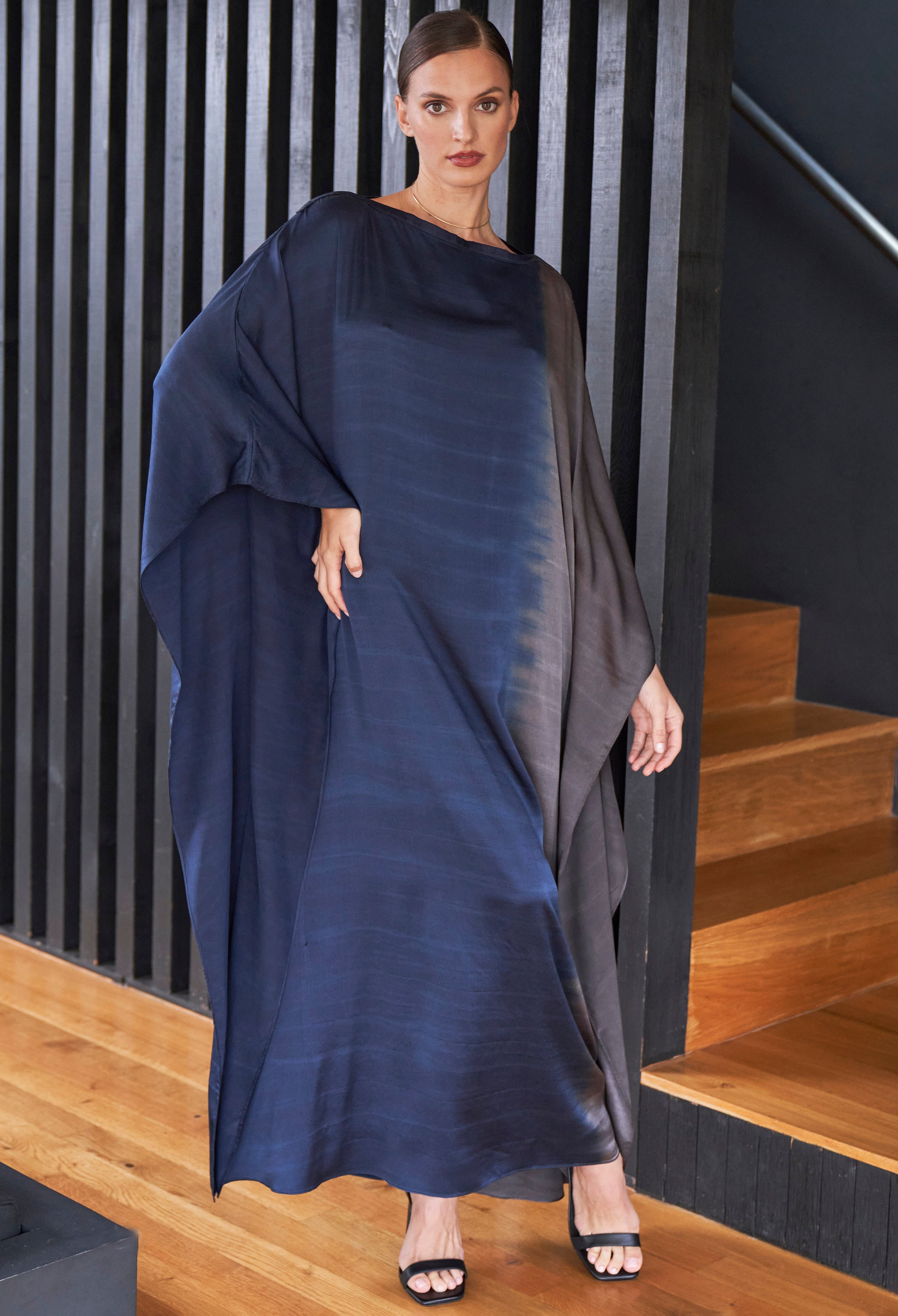 Ombre Navy and Silver Boatneck Silk Caftan