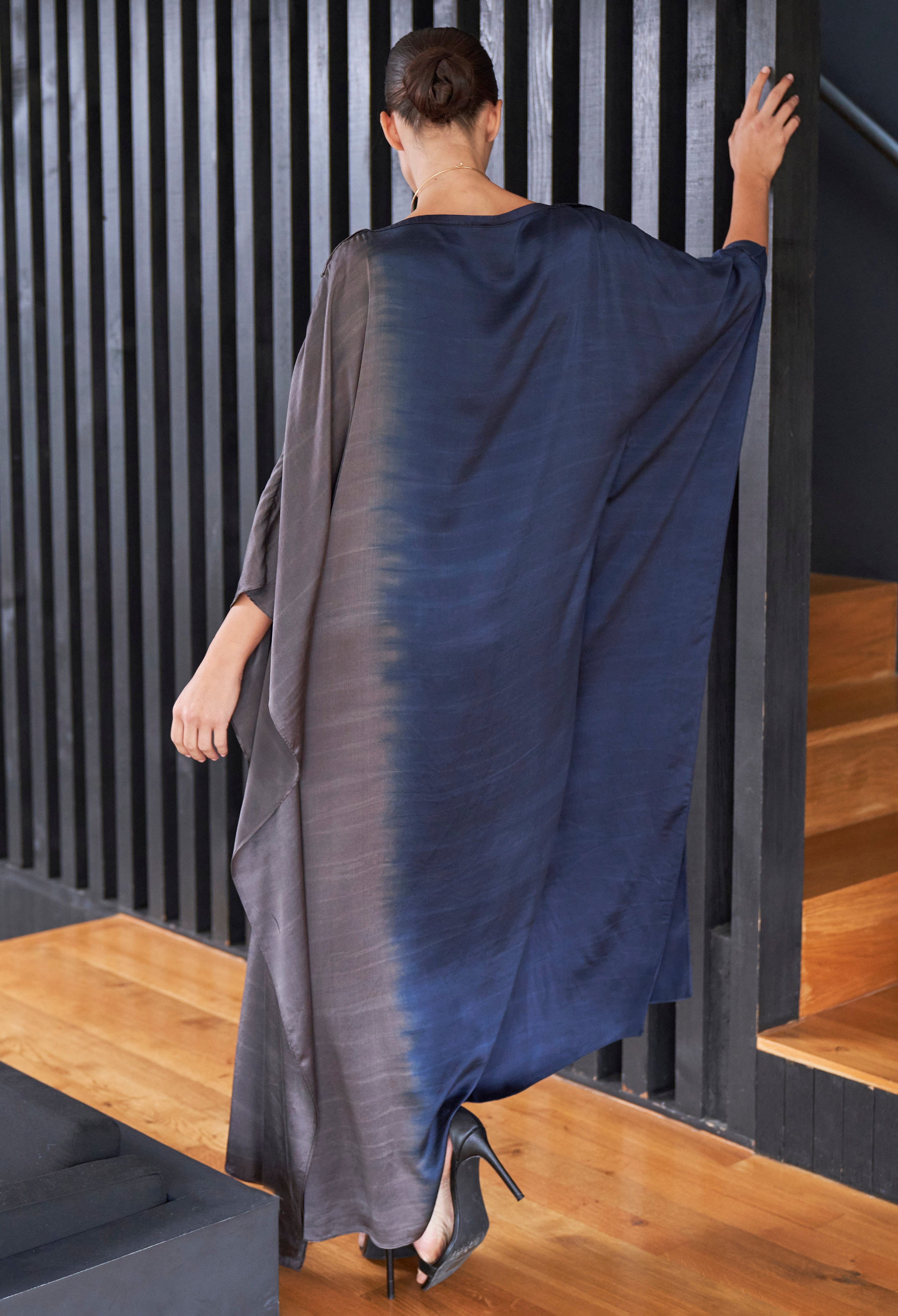 Ombre Navy and Silver Boatneck Silk Caftan