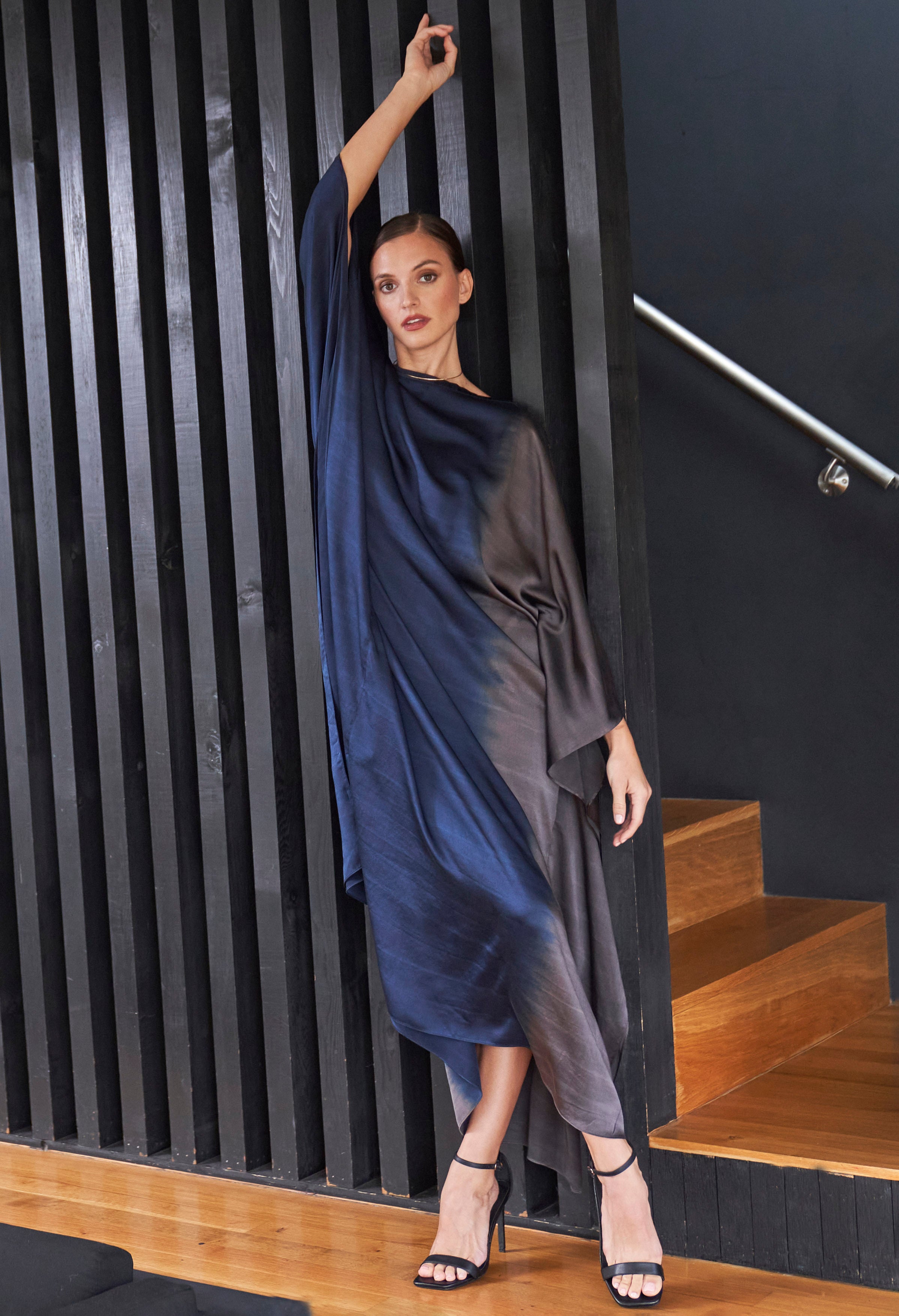 Ombre Navy and Silver Boatneck Silk Caftan