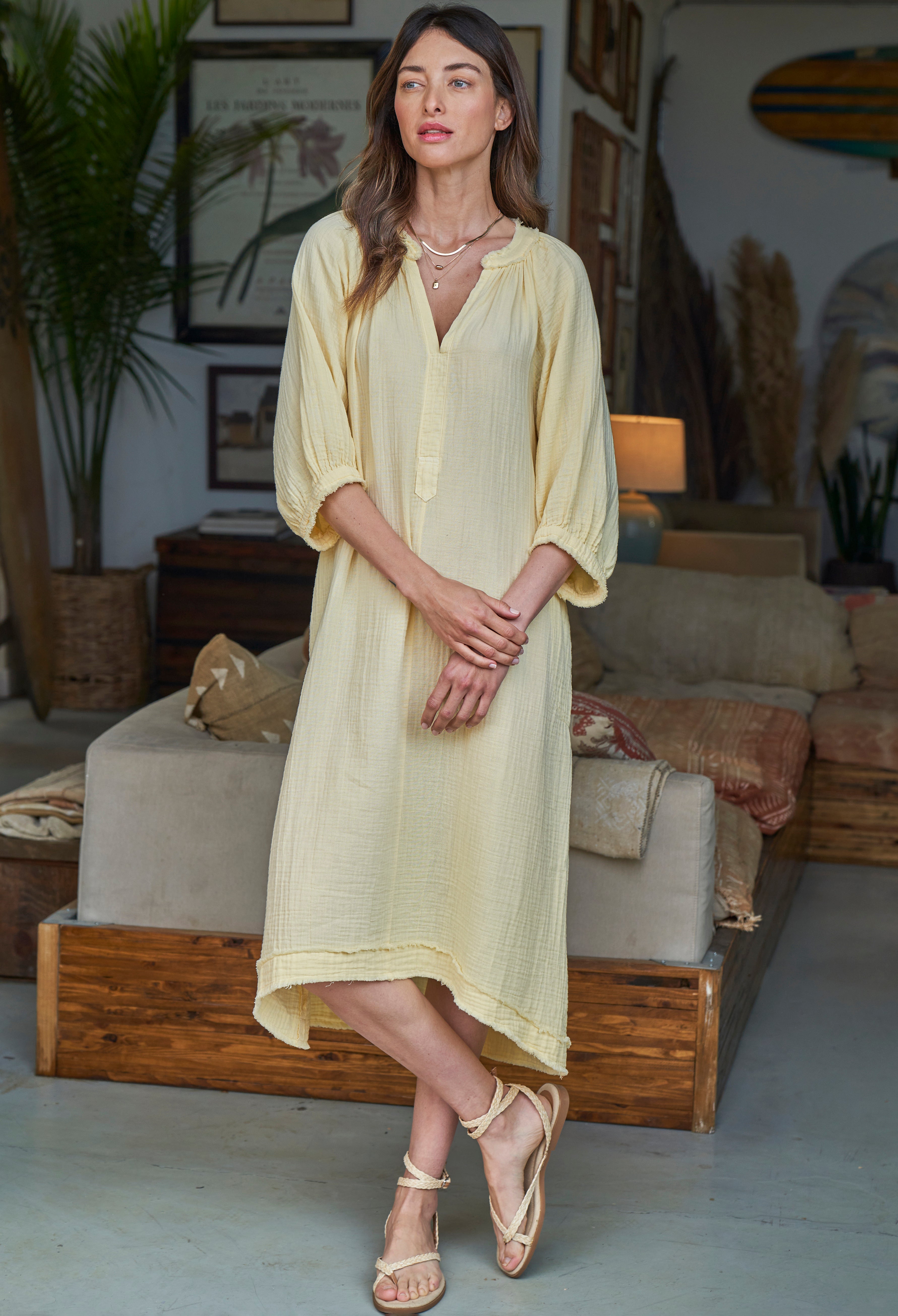 Pale Yellow Gauze Dress with Pockets