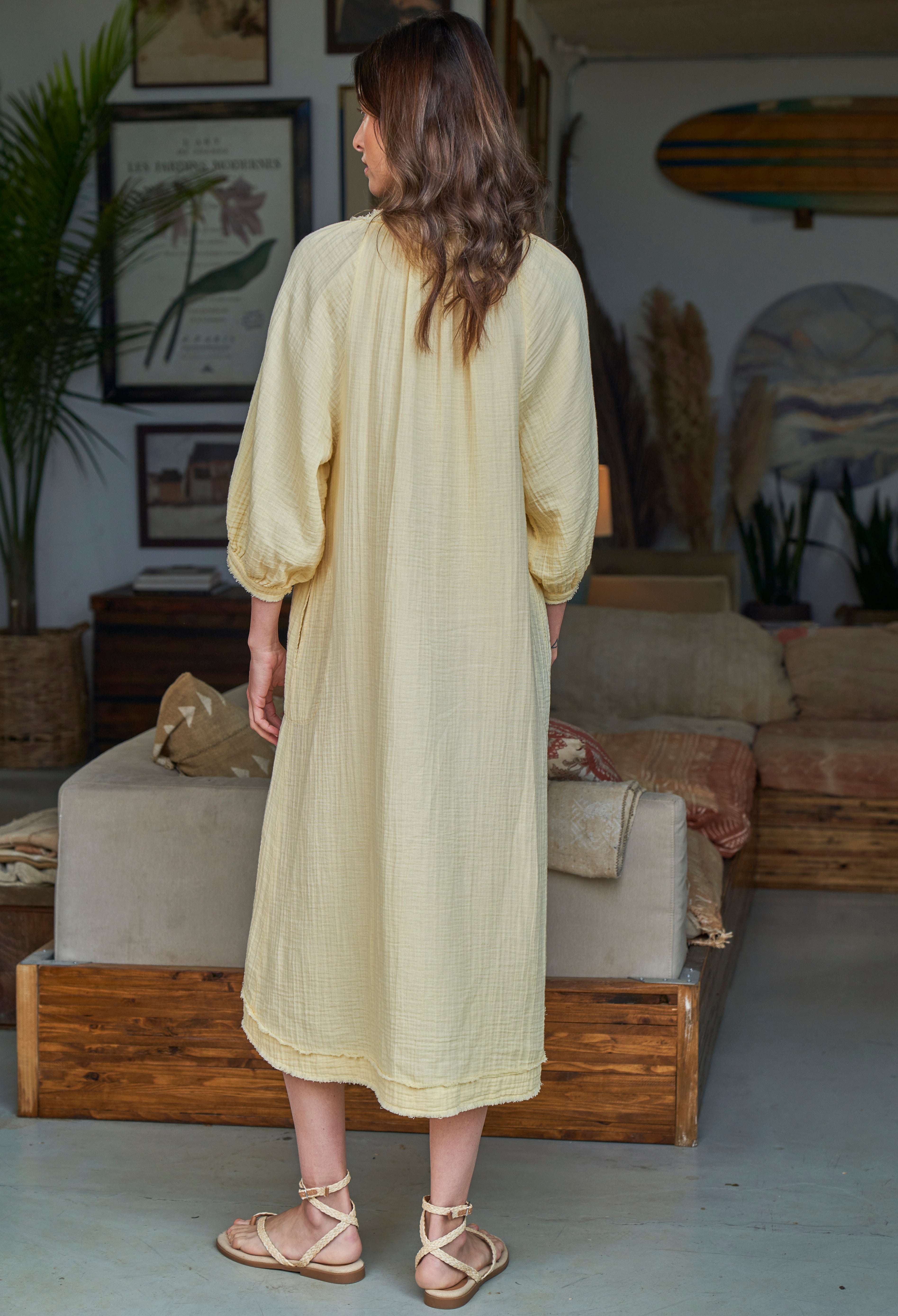 Pale Yellow Gauze Dress with Pockets